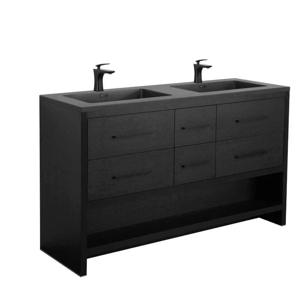 72" Black Rough Oak Freestanding Bathroom Vanity with Black Engineered Quartz Countertop - Golden Elite Deco