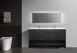 72" Black Rough Oak Freestanding Double Sink Bathroom Vanity with White Polymarble Countertop - Golden Elite Deco