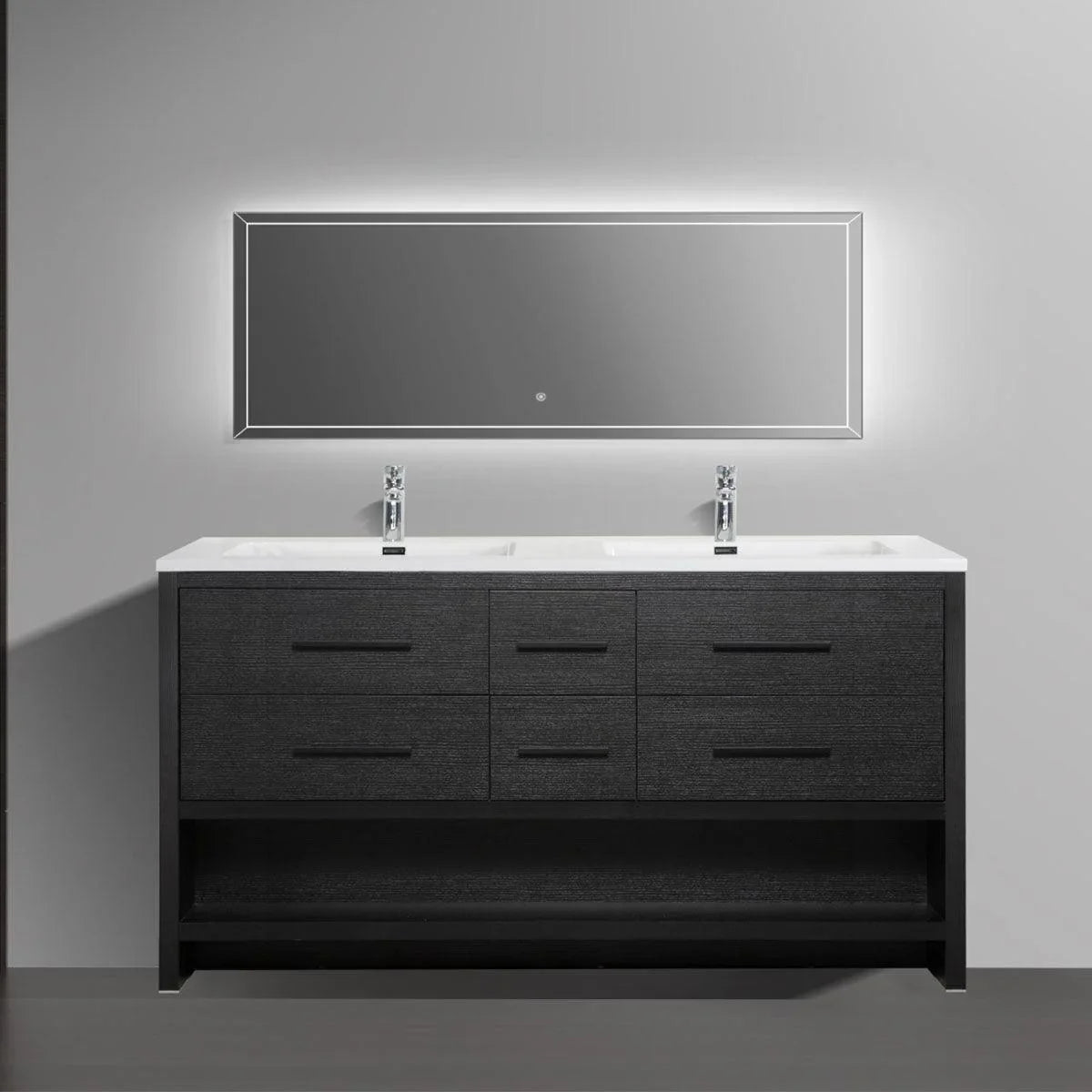72" Black Rough Oak Freestanding Double Sink Bathroom Vanity with White Polymarble Countertop - Golden Elite Deco