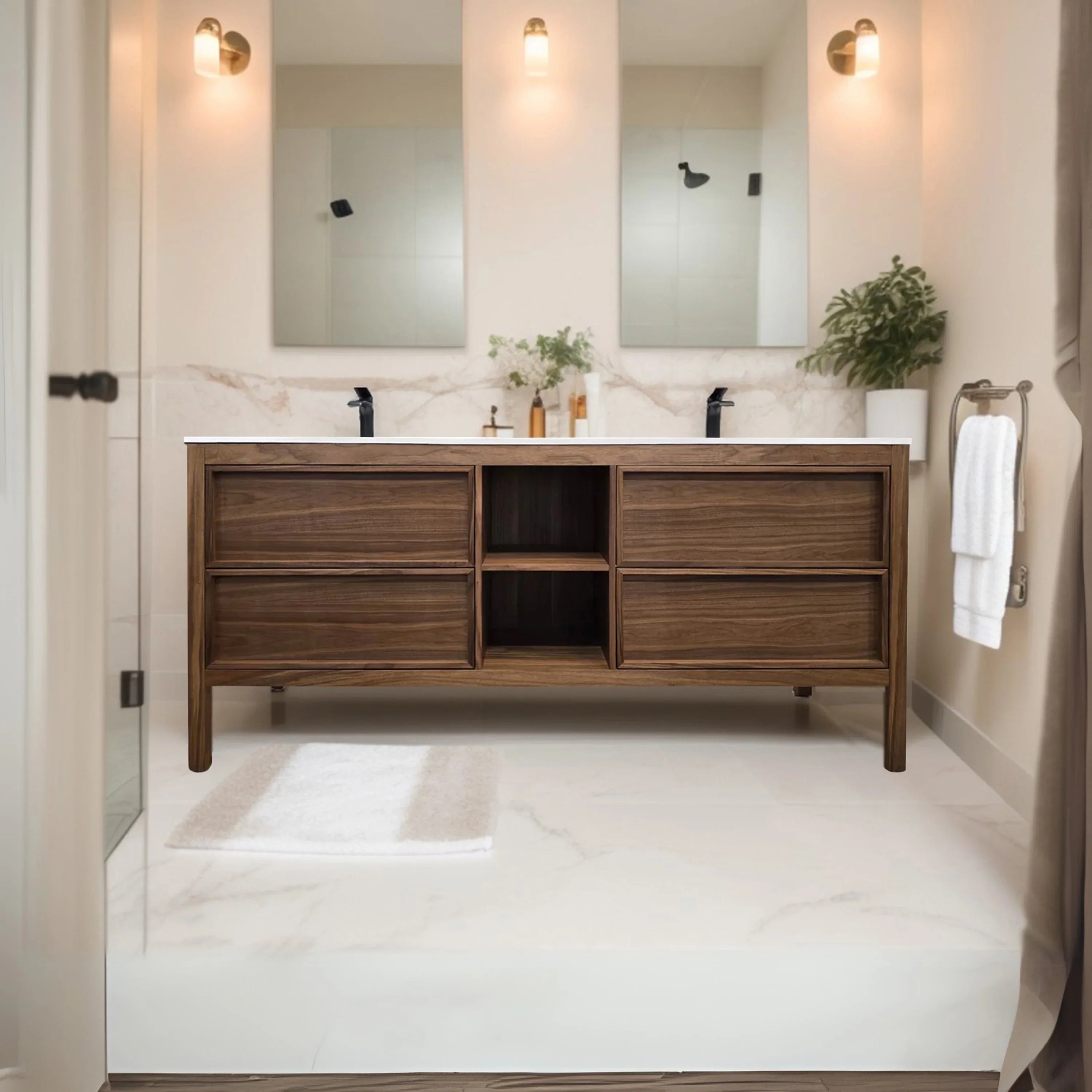 Meuble-Lavabo Autoportant 72po Noyer Naturel avec Comptoir de Surface Solide Blanc