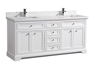 72" White Freestanding Double Sink Bathroom Vanity w/ Calcutta Quartz Countertop