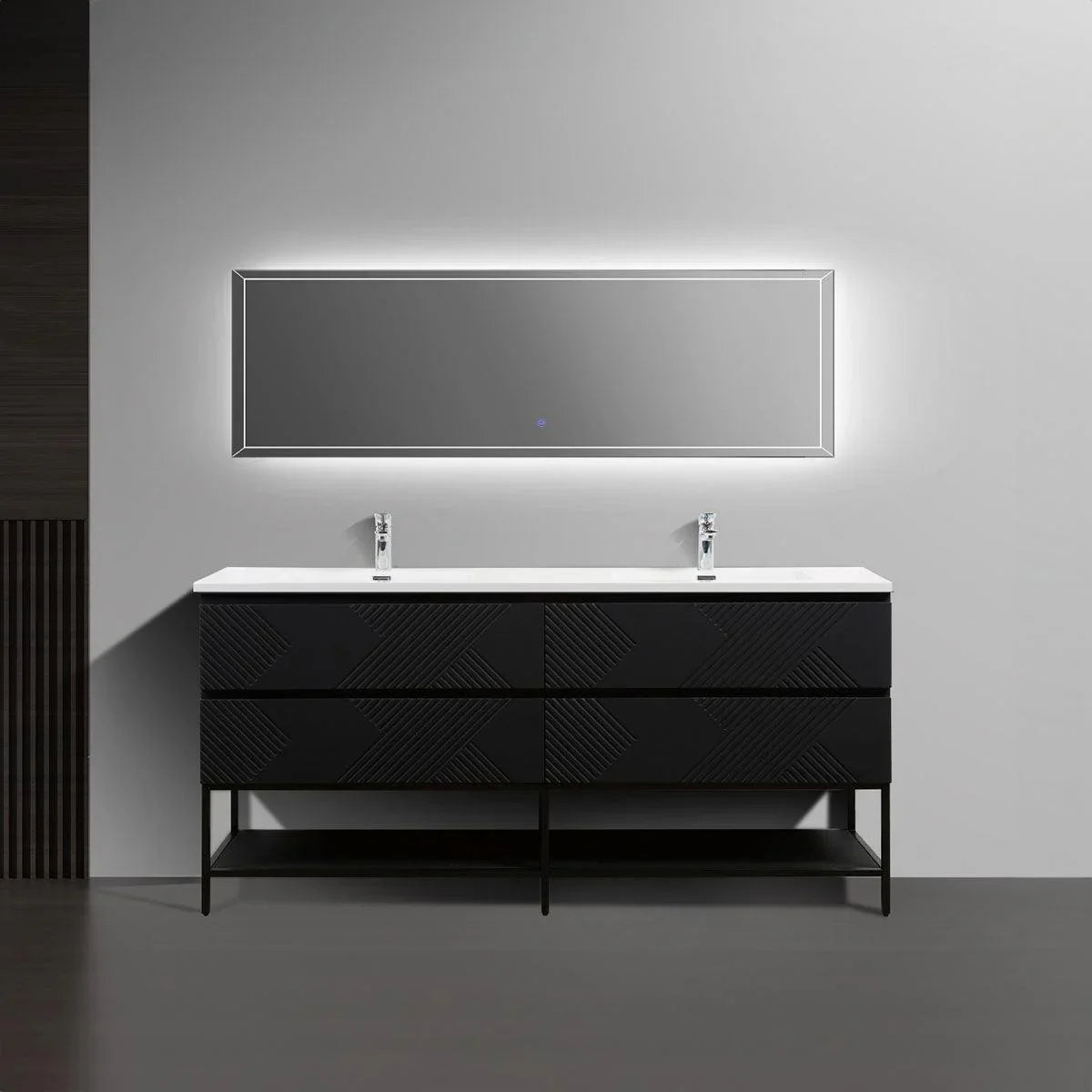 Meuble-lavabo double noir de 72" à fixer au mur avec Comptoir en polymarbre blanc