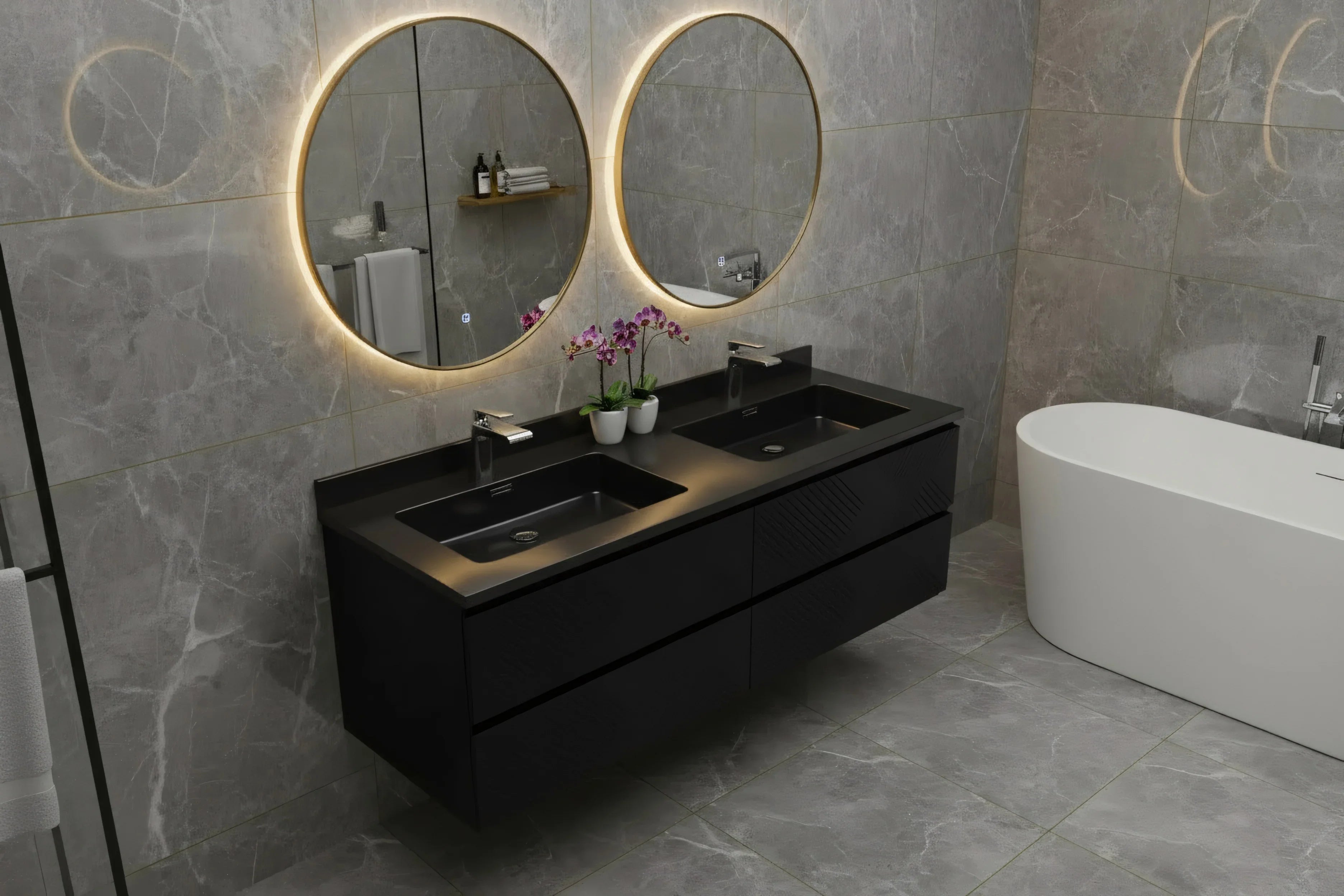 Meuble-lavabo mural noir 60" avec Comptoir en quartz technique noir