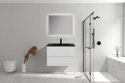 28" Glossy White Wall Mount Single Sink Bathroom Vanity with Black Engineered Quartz Countertop