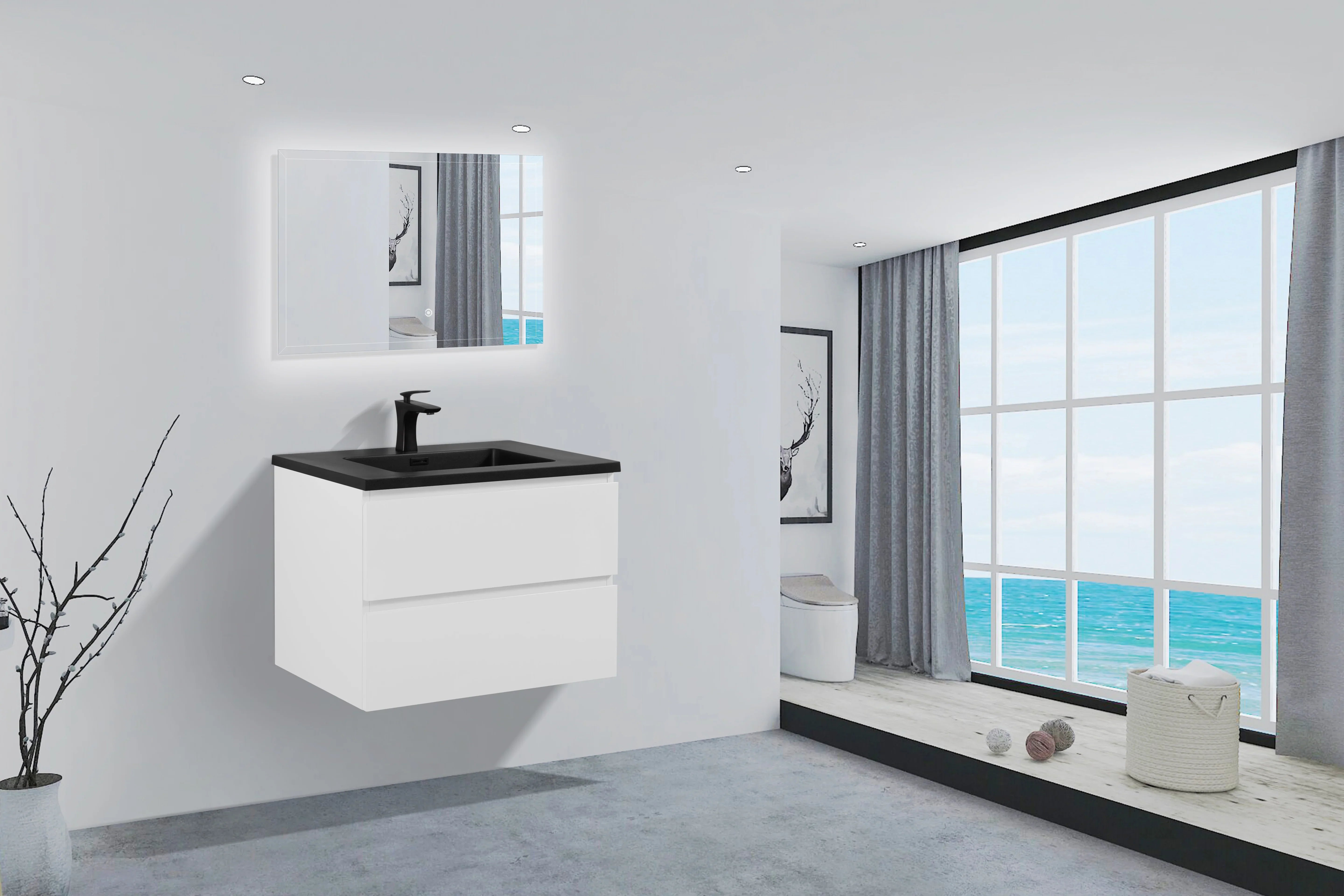 28" Glossy White Wall Mount Single Sink Bathroom Vanity with Black Engineered Quartz Countertop