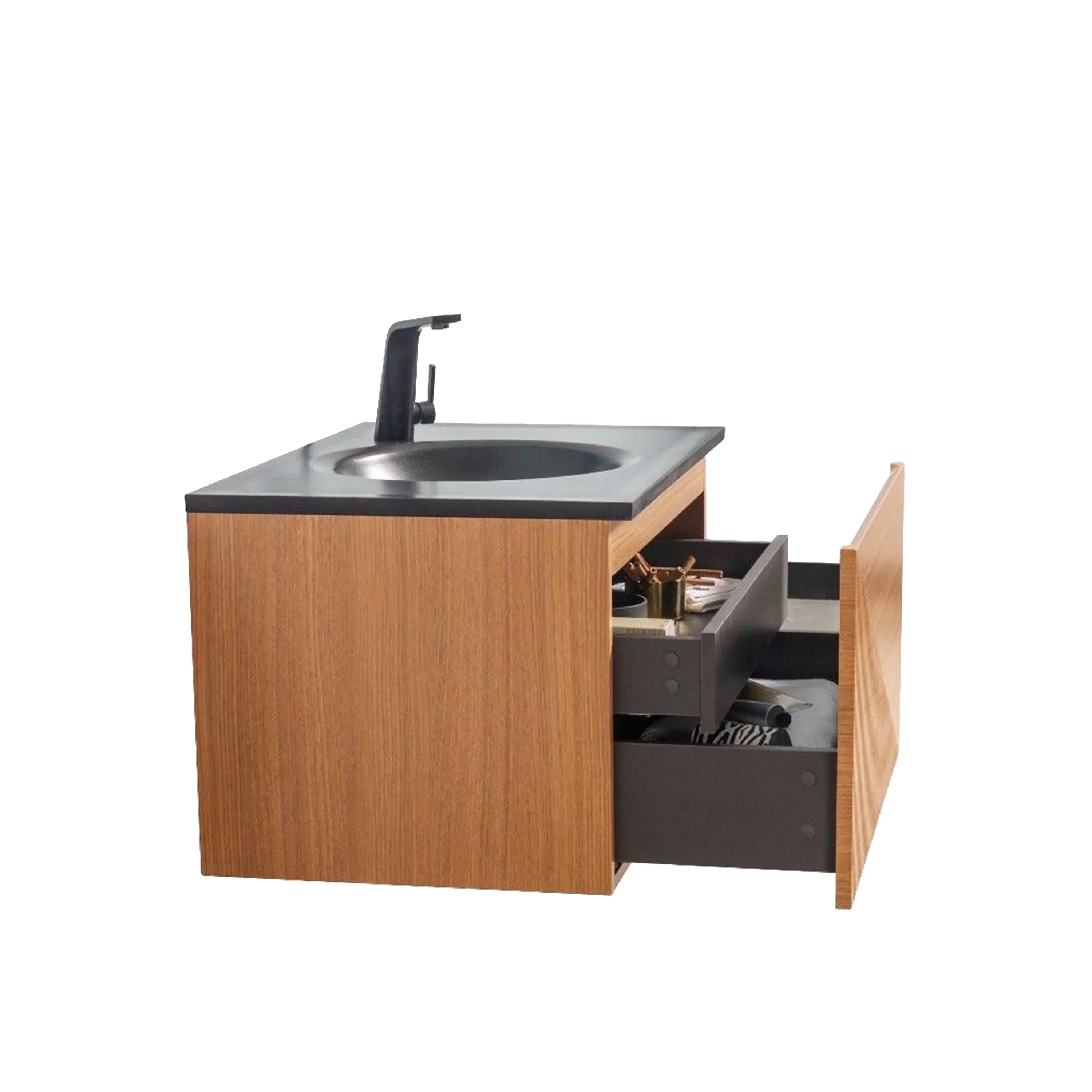 36" Light Oak Wall Mount Bathroom Vanity with Black Engineered Quartz Countertop