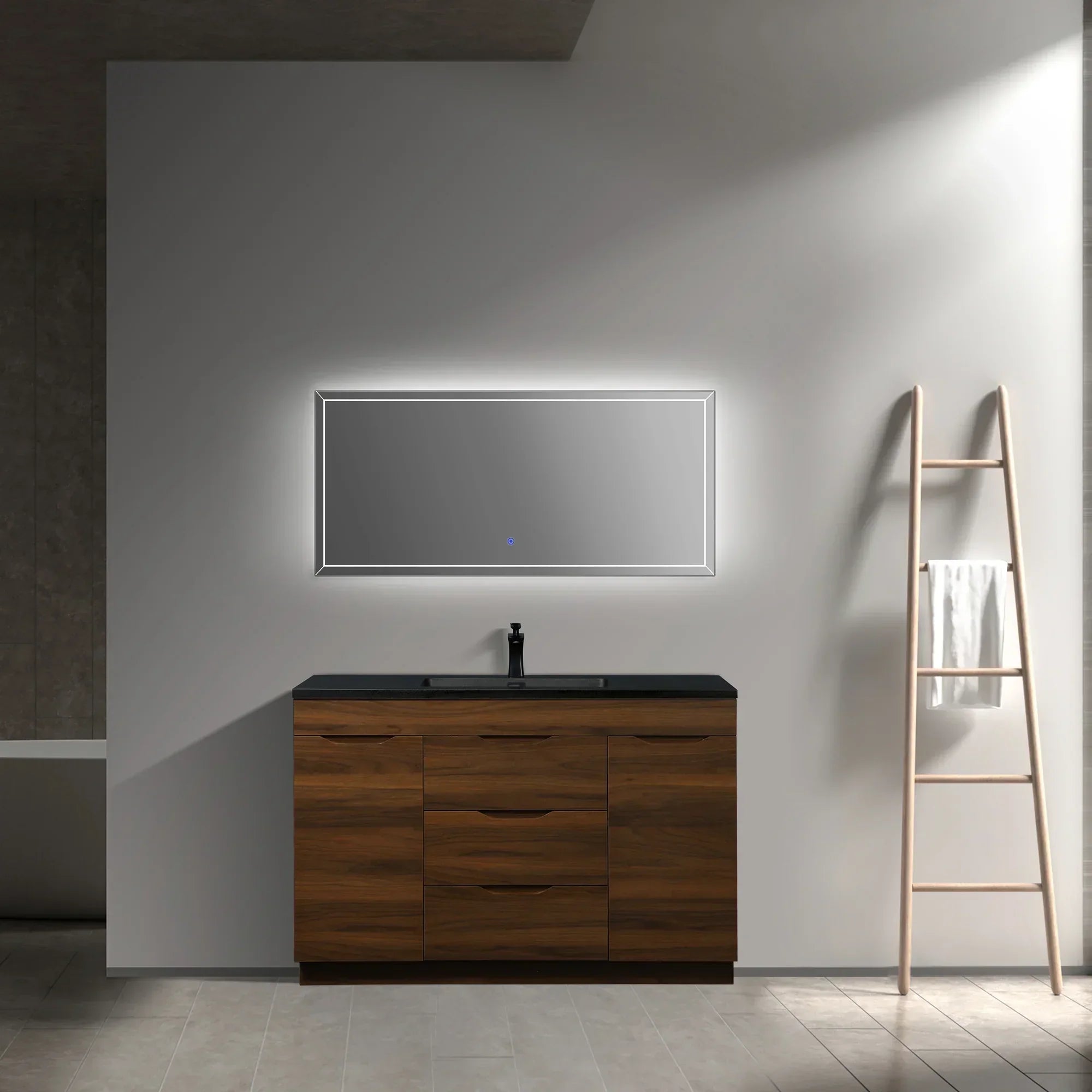 48" Walnut Freestanding Bathroom Vanity with Black Engineered Quartz Countertop