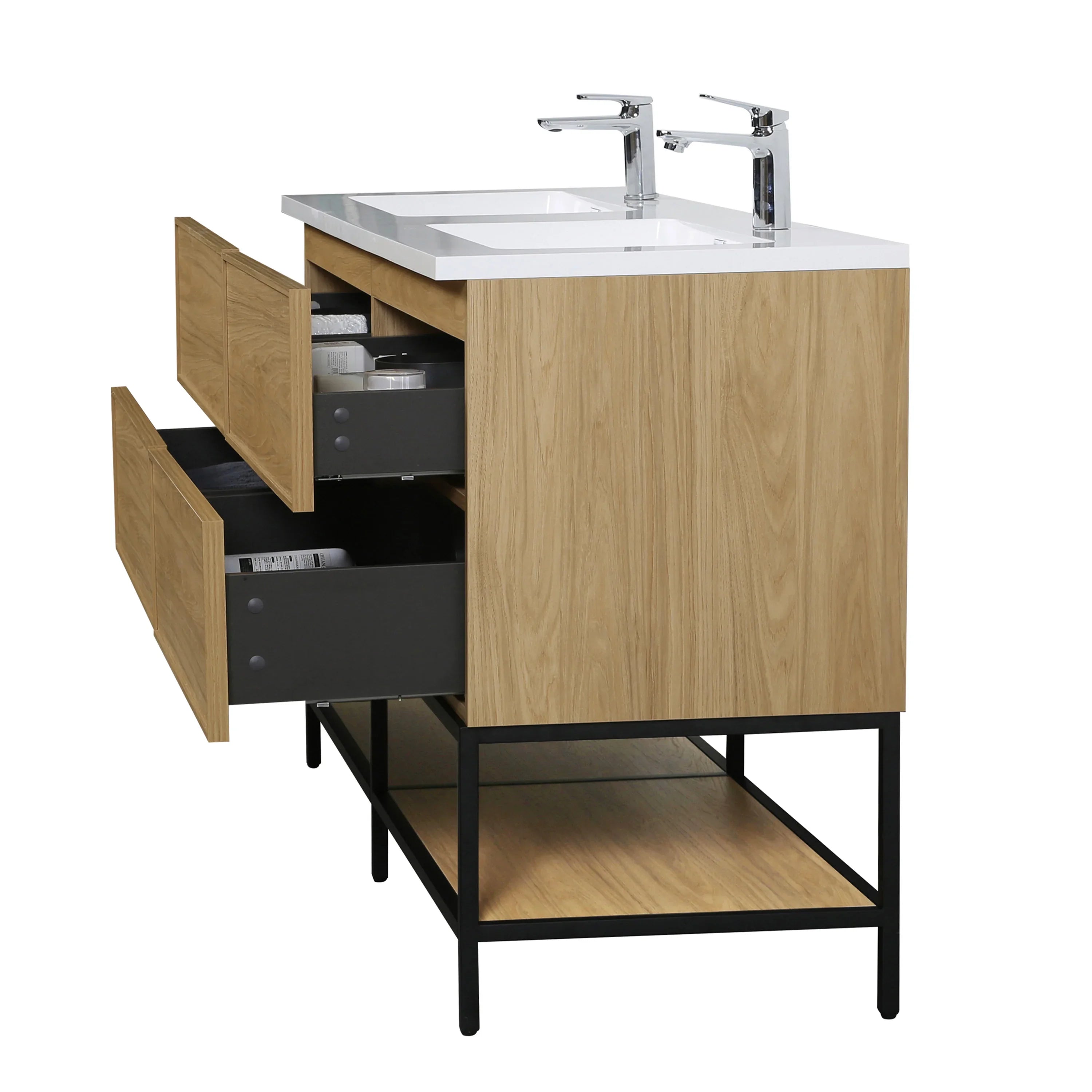 Meuble Lavabo Mural 60 pouces Noyer Couchant Double Vasque avec Comptoir Polymarbre Blanc