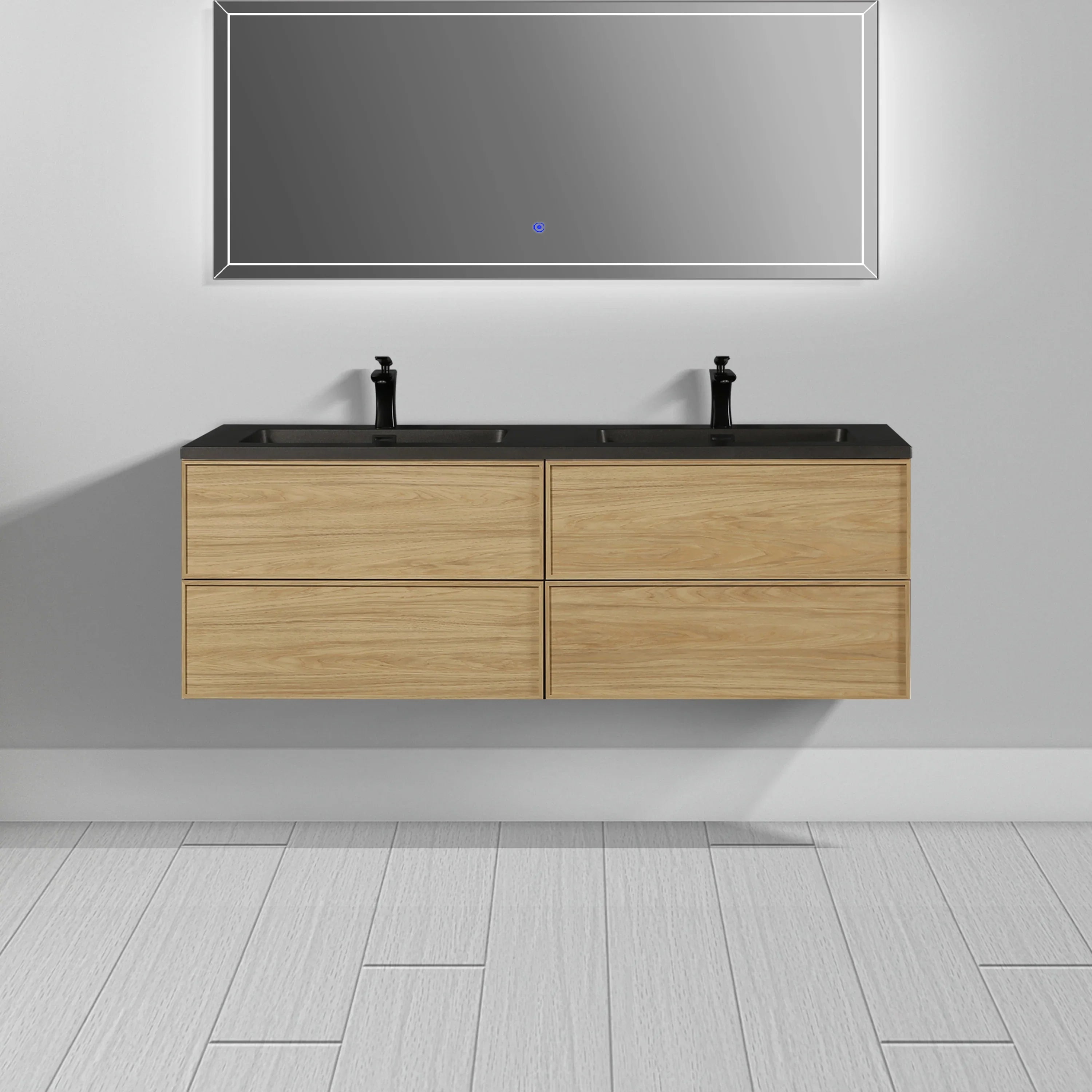 60" Sunset Walnut Wall Mount Double Sink Bathroom Vanity with Black Engineered Quartz Countertop