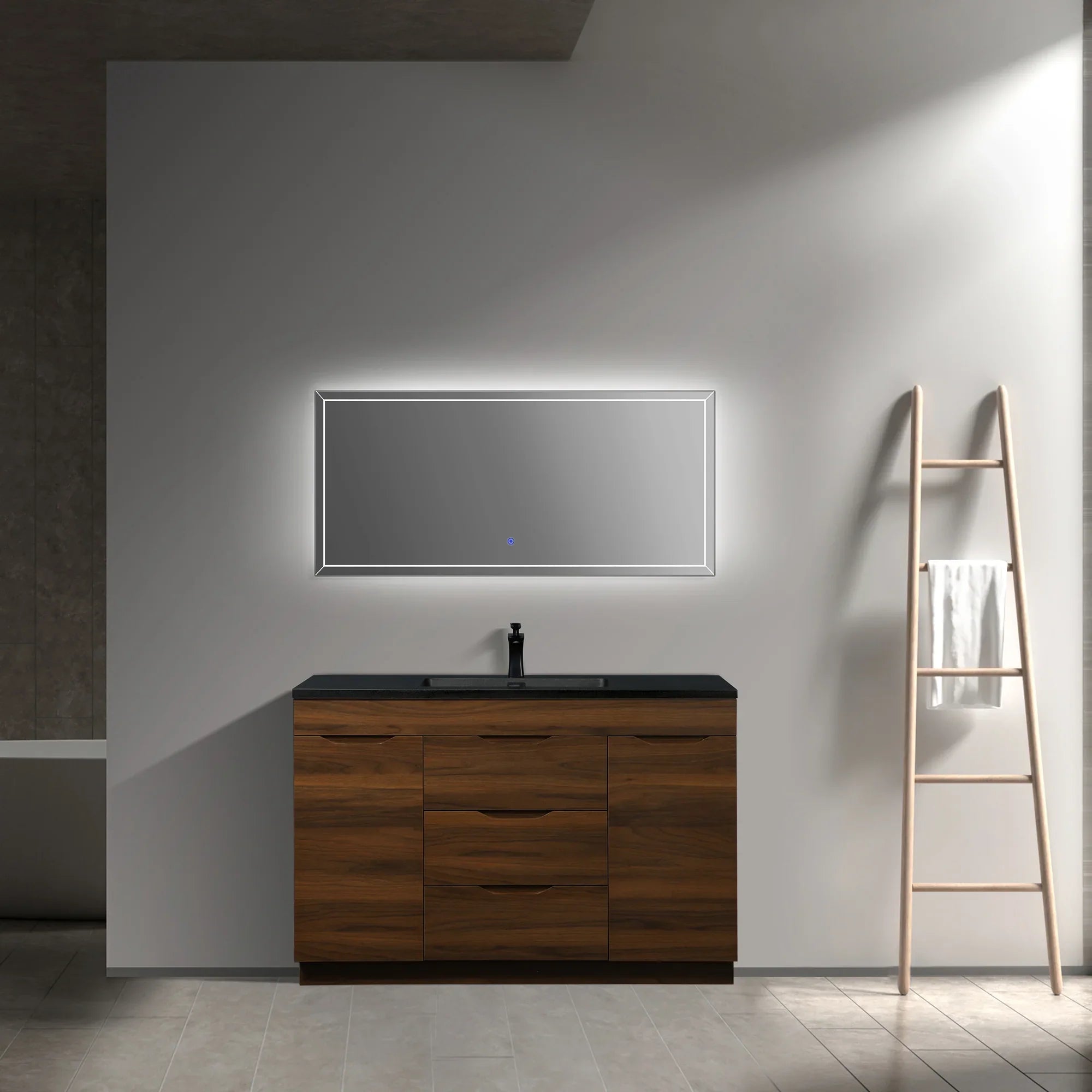 48" Walnut Freestanding Bathroom Vanity with Black Engineered Quartz Countertop