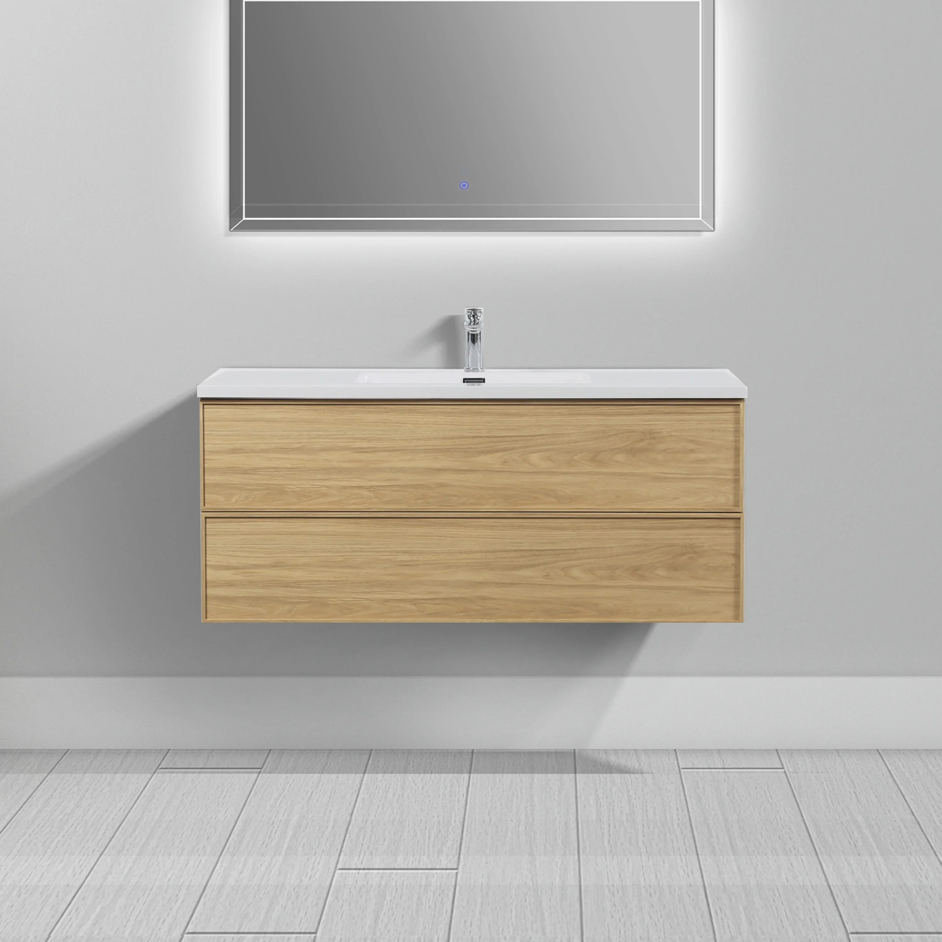 48" Sunset Walnut Wall Mount Vanity with White Polymarble Countertop - Luxe Collection