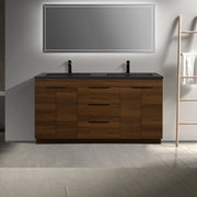 60" Walnut Freestanding Double Sink Bathroom Vanity with Black Engineered Quartz Countertop