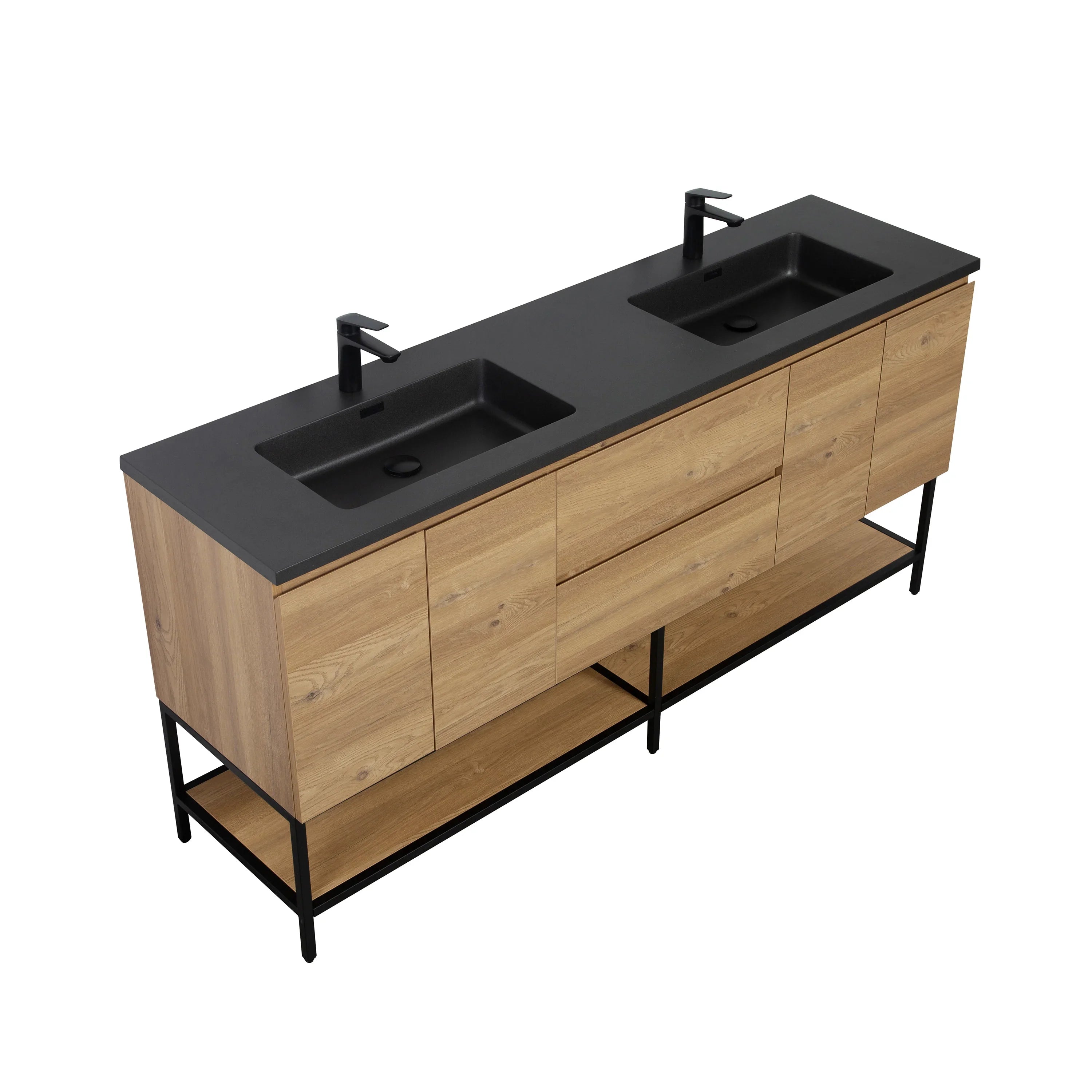 Meuble-Lavabo 72po Chêne Brut avec Comptoir de 72 Quartz Noir Lavabo Double