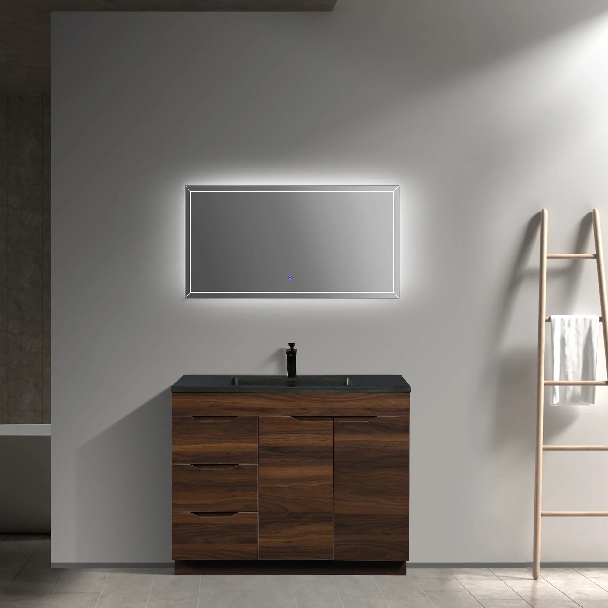 40 Inch Walnut Freestanding Bathroom Vanity with Black Engineered Quartz Countertop - Augusta Collection