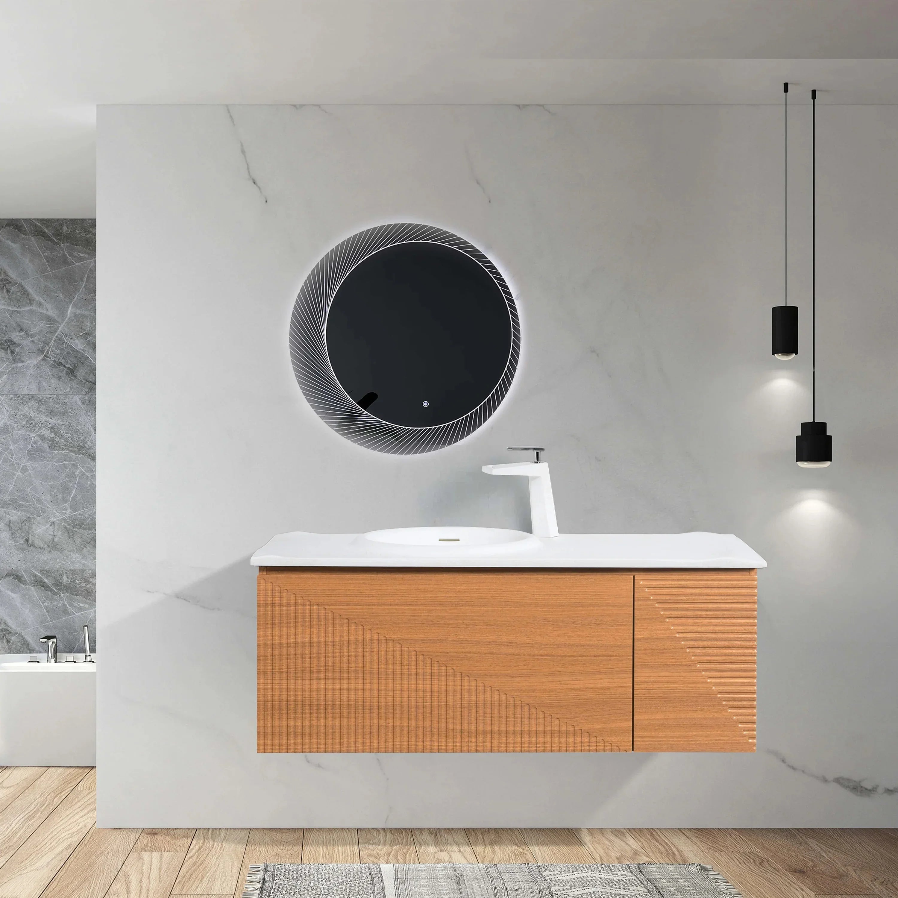 Meuble-Lavabo Mural 48po Chêne Clair avec Comptoir de Surface Solide Blanc