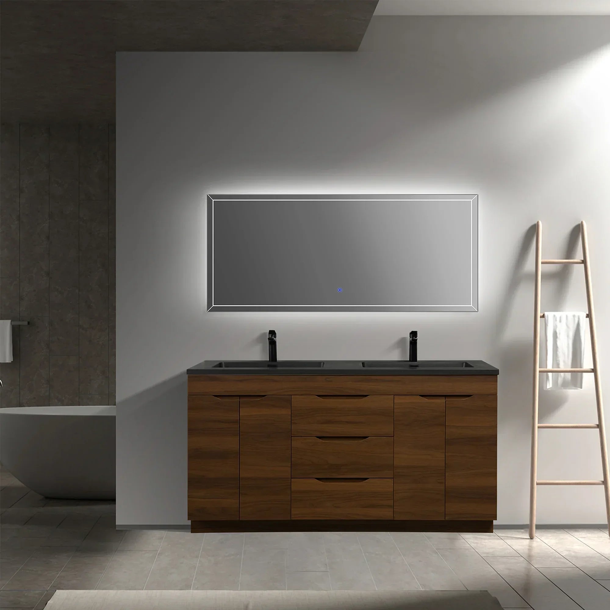 60" Walnut Freestanding Double Sink Bathroom Vanity with Black Engineered Quartz Countertop