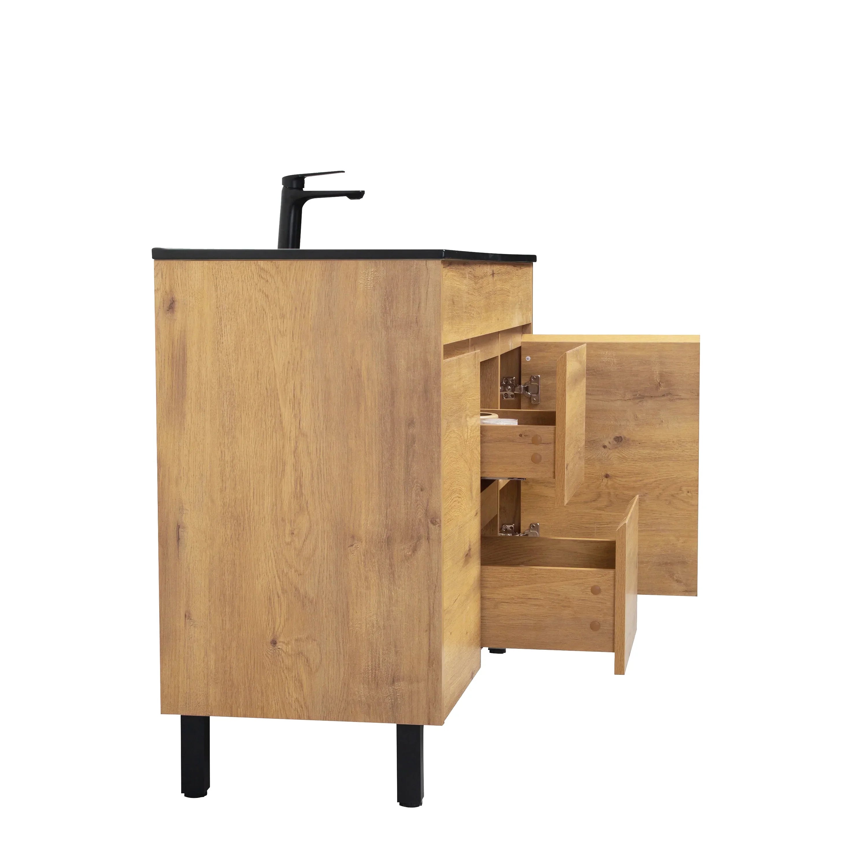 48" Frosted Oak Freestanding Single Sink Bathroom Vanity with Black Ceramic Countetop