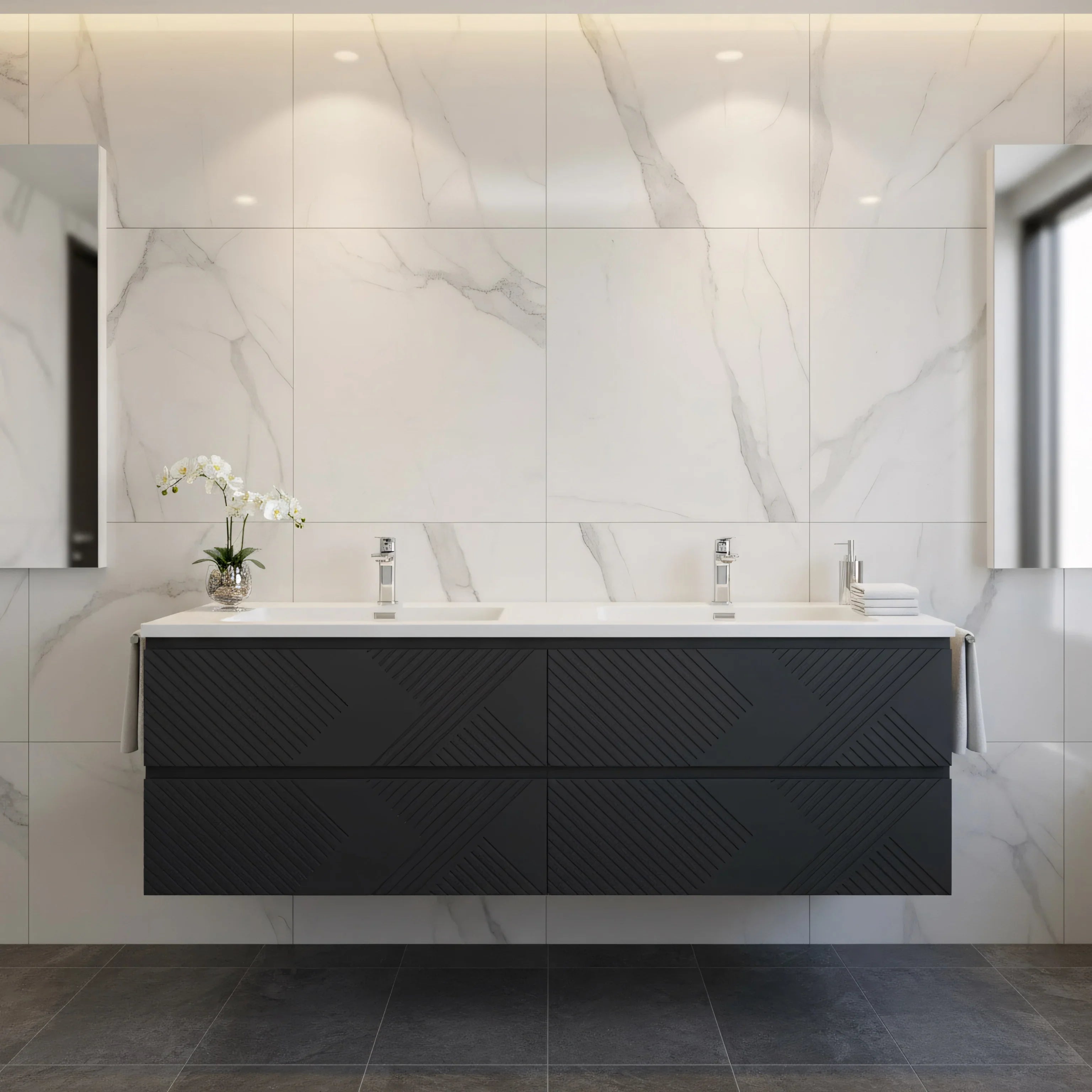 Meuble-lavabo mural noir 60" avec Comptoir en polymarbre blanc