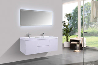 60" Glossy White Wall Mount Double Sink Bathroom Vanity with White Polymarble Countertop - Golden Elite Deco