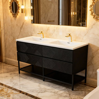 Meuble-lavabo mural noir 60" avec Comptoir en polymarbre blanc