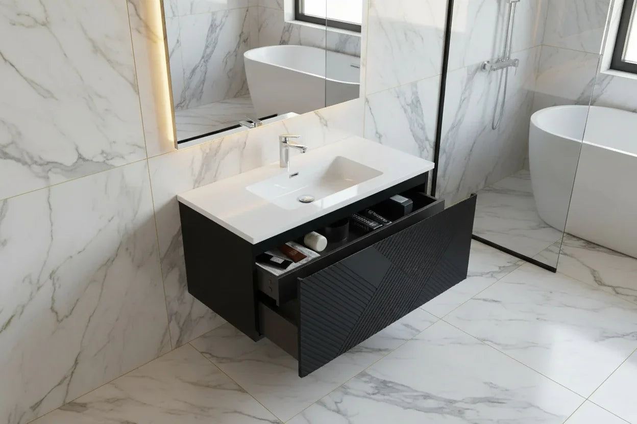 40" Black Wall Mount Bathroom Vanity with White Polymarble Countertop Roxboro
