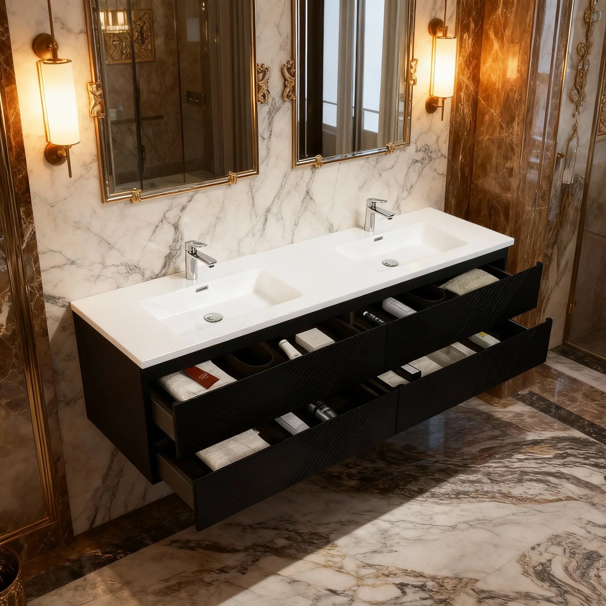 Meuble-lavabo double noir de 72" à fixer au mur avec Comptoir en polymarbre blanc