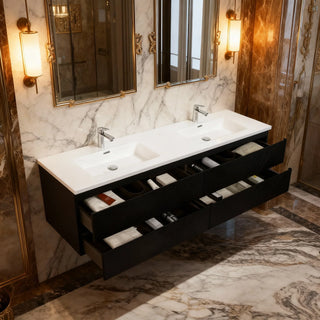 Meuble-lavabo double noir de 72" à fixer au mur avec Comptoir en polymarbre blanc