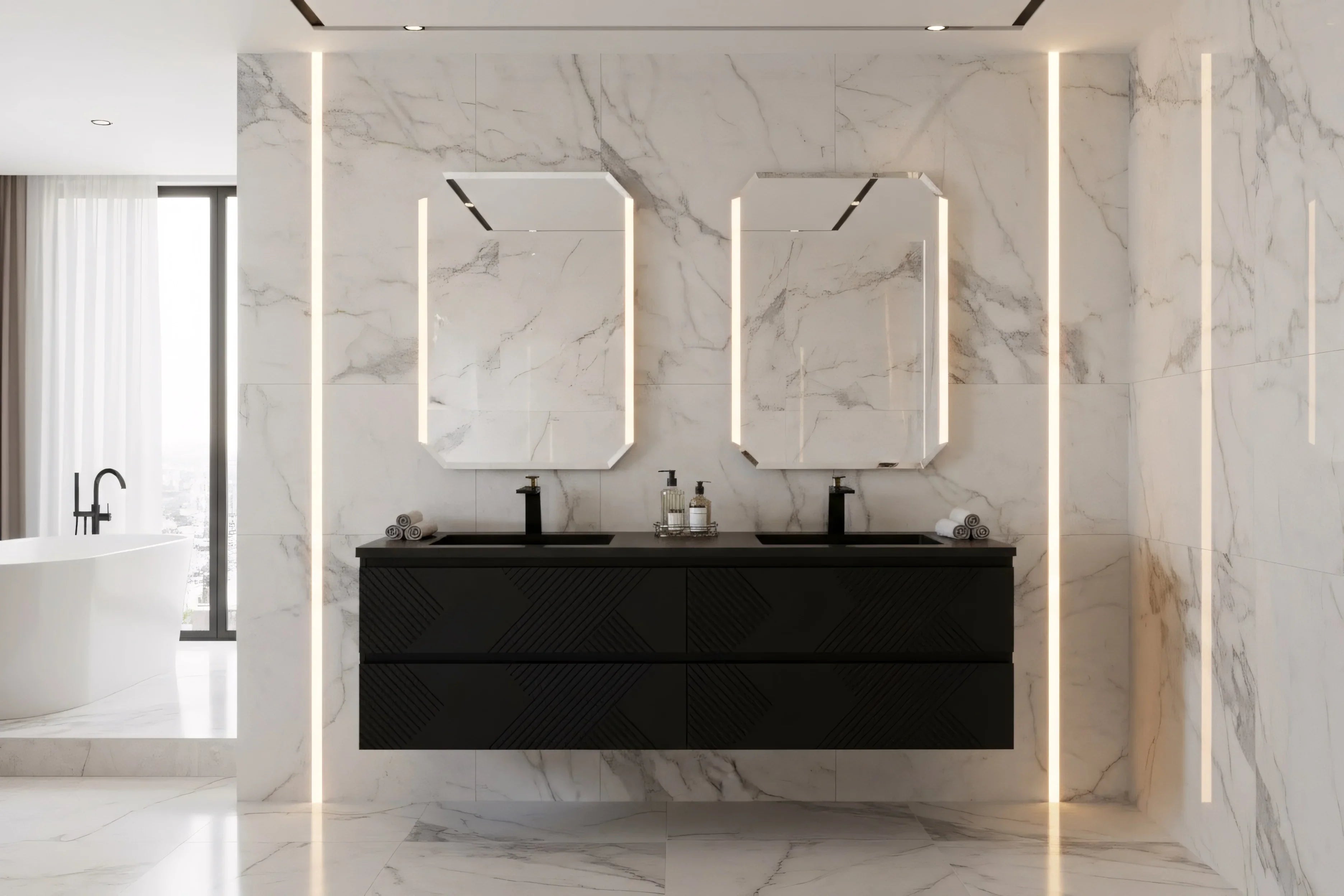 Meuble-Lavabo Double Mural 72po Noir avec Comptoir de Quartz d'ingénierie Noir