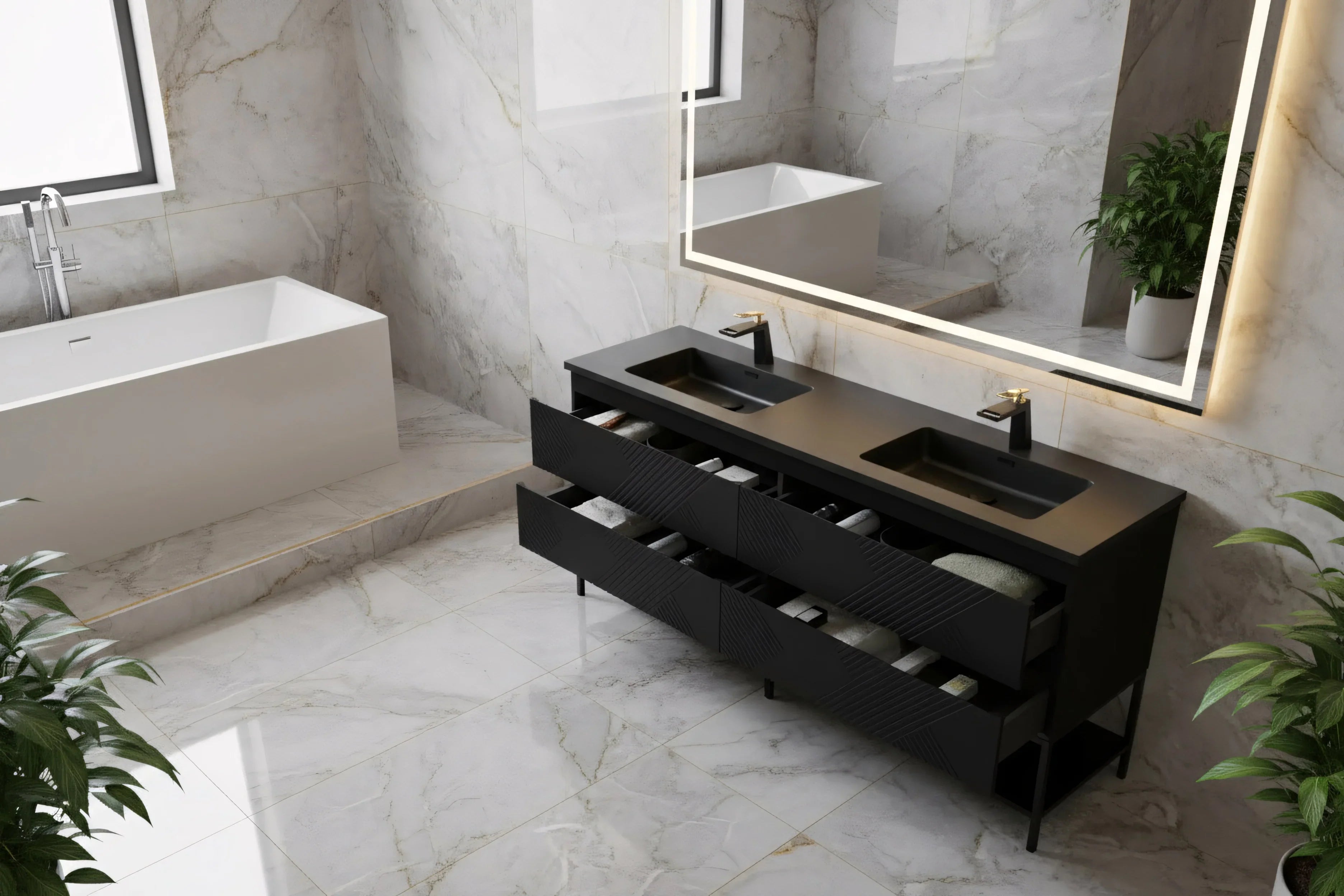 Meuble-Lavabo Double Mural 72po Noir avec Comptoir de Quartz d'ingénierie Noir