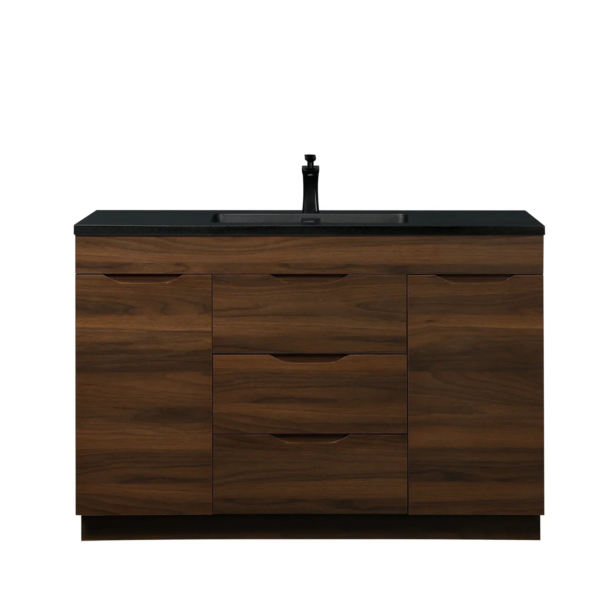 48" Walnut Freestanding Bathroom Vanity with Black Engineered Quartz Countertop