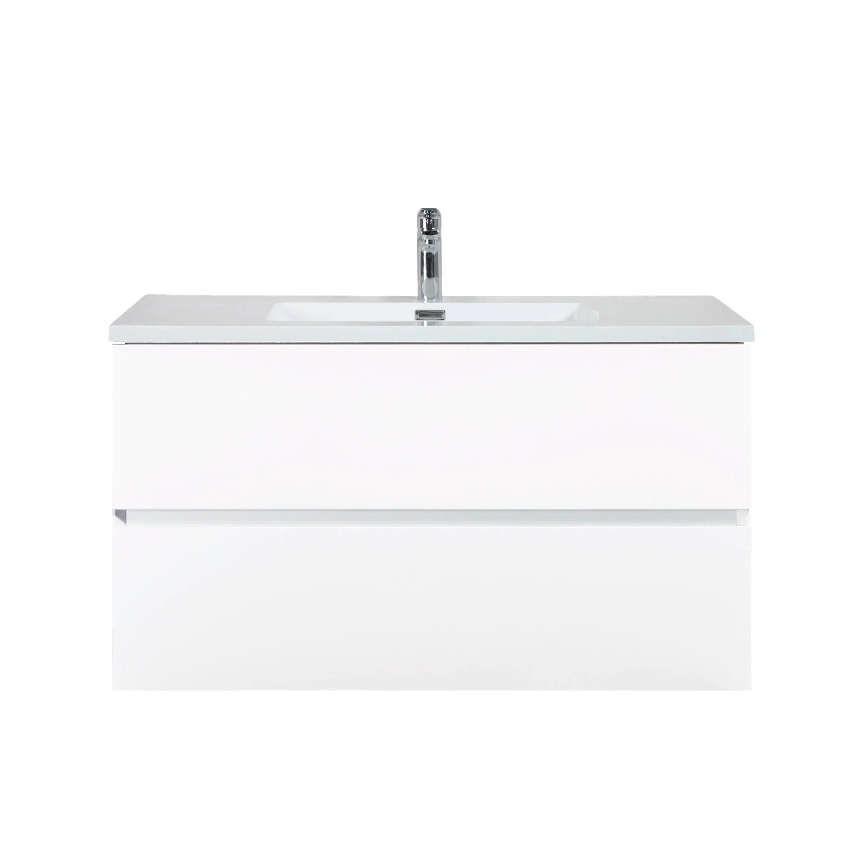 36" White Wall Mount Single Sink Bathroom Vanity with White Polymarble Countertop