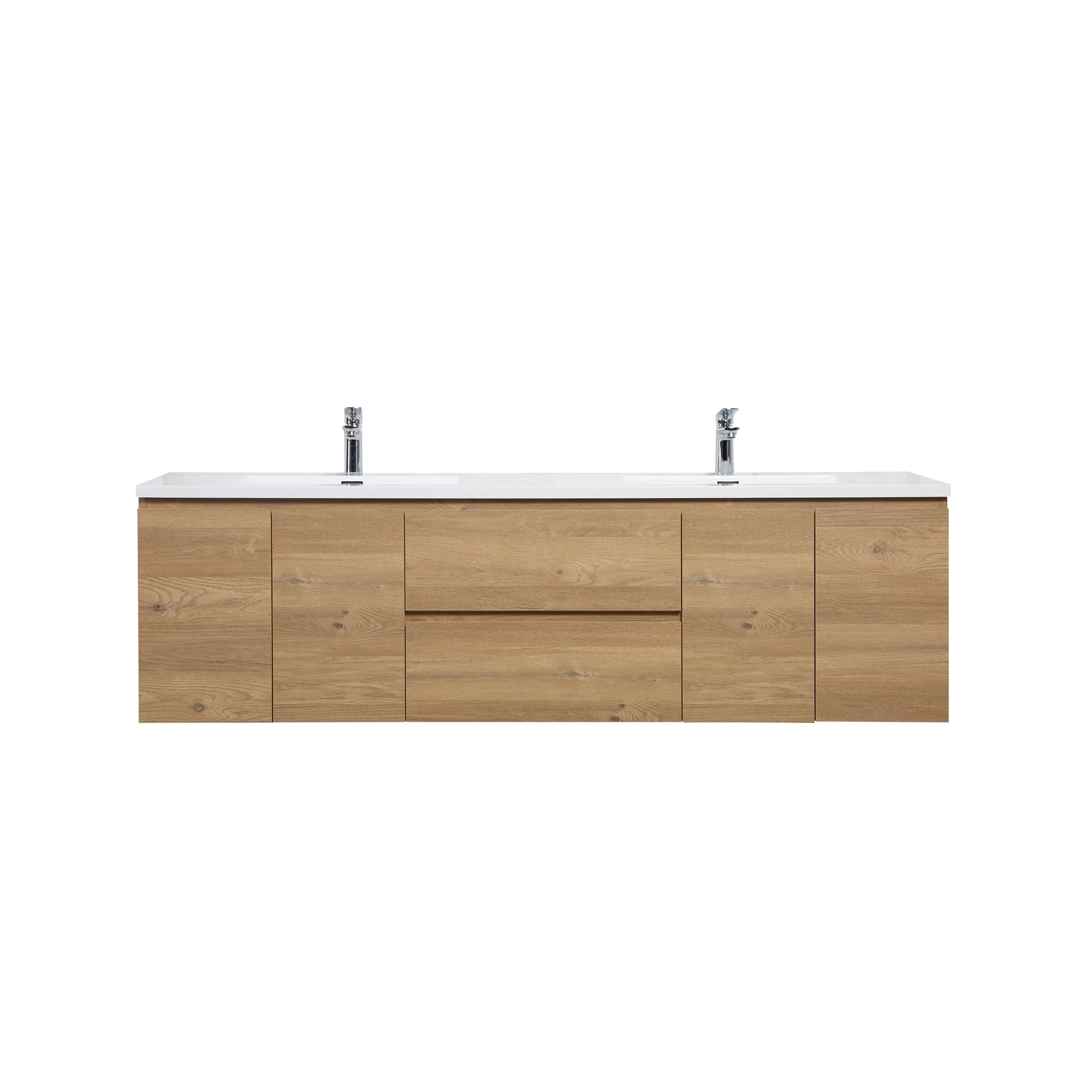 72" Rough Oak Wall Mount Double Sink Bathroom Vanity with White Polymarble Countertop