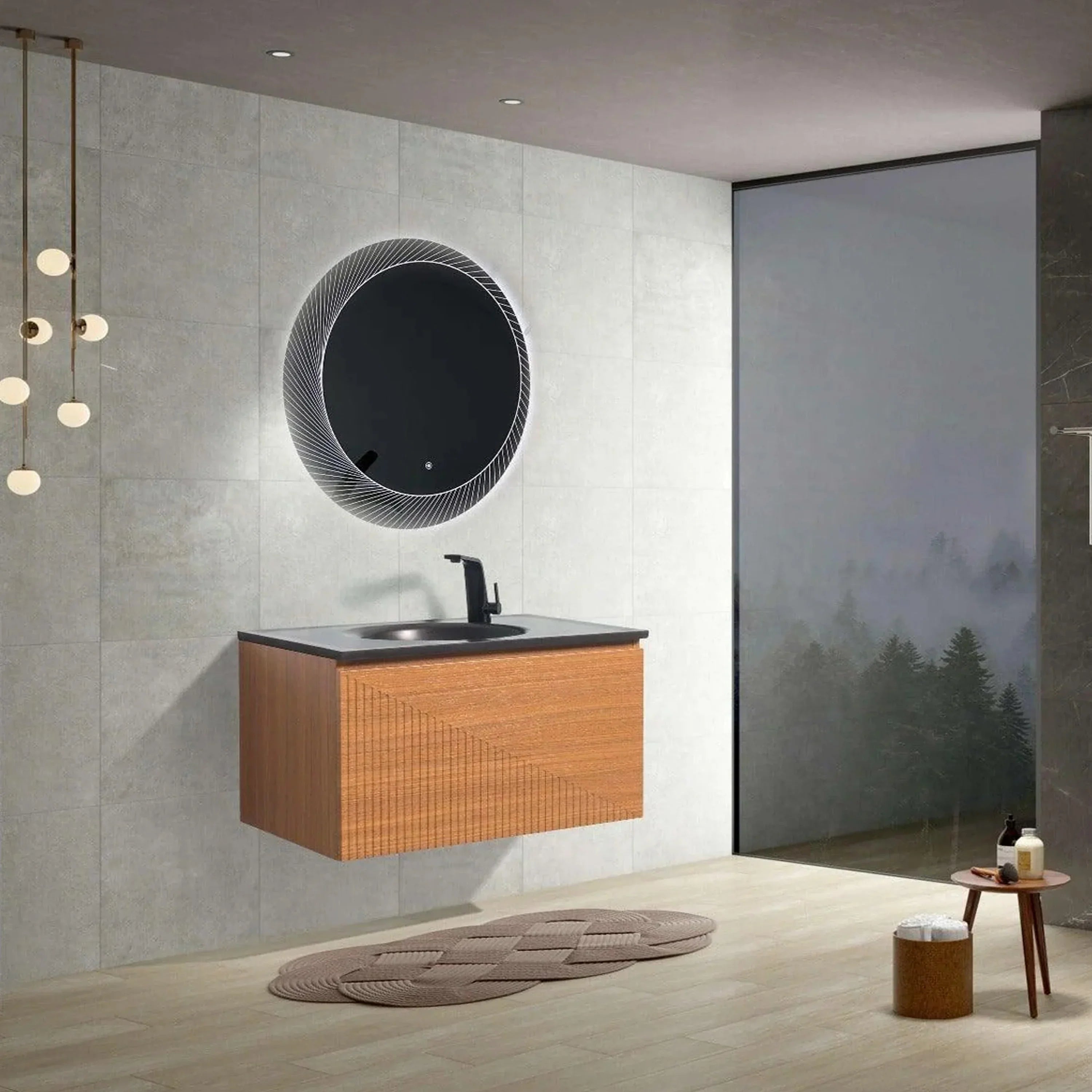 36" Light Oak Wall Mount Bathroom Vanity with Black Engineered Quartz Countertop