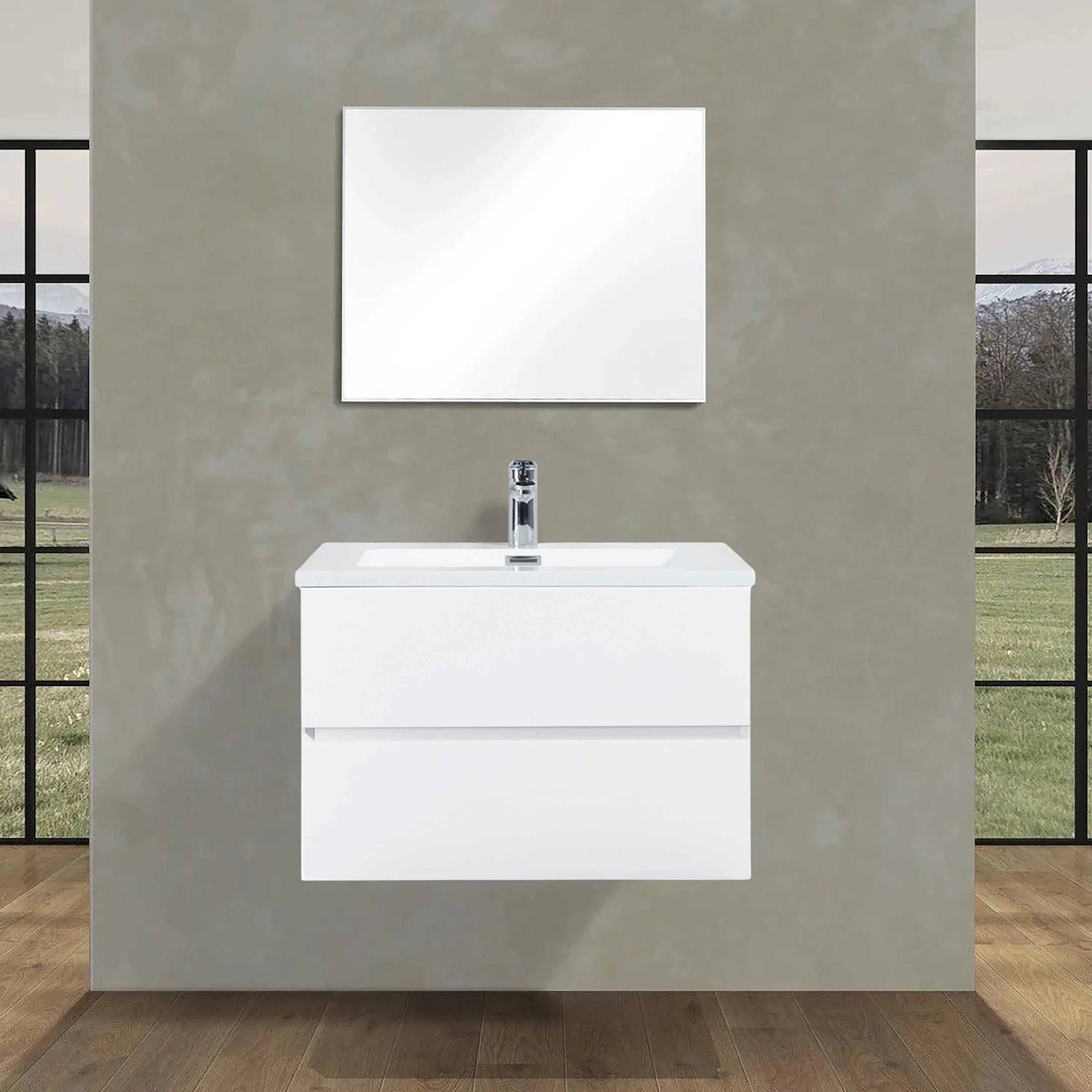 30" White Wall Mount Bathroom Vanity with White Polymarble Countertop