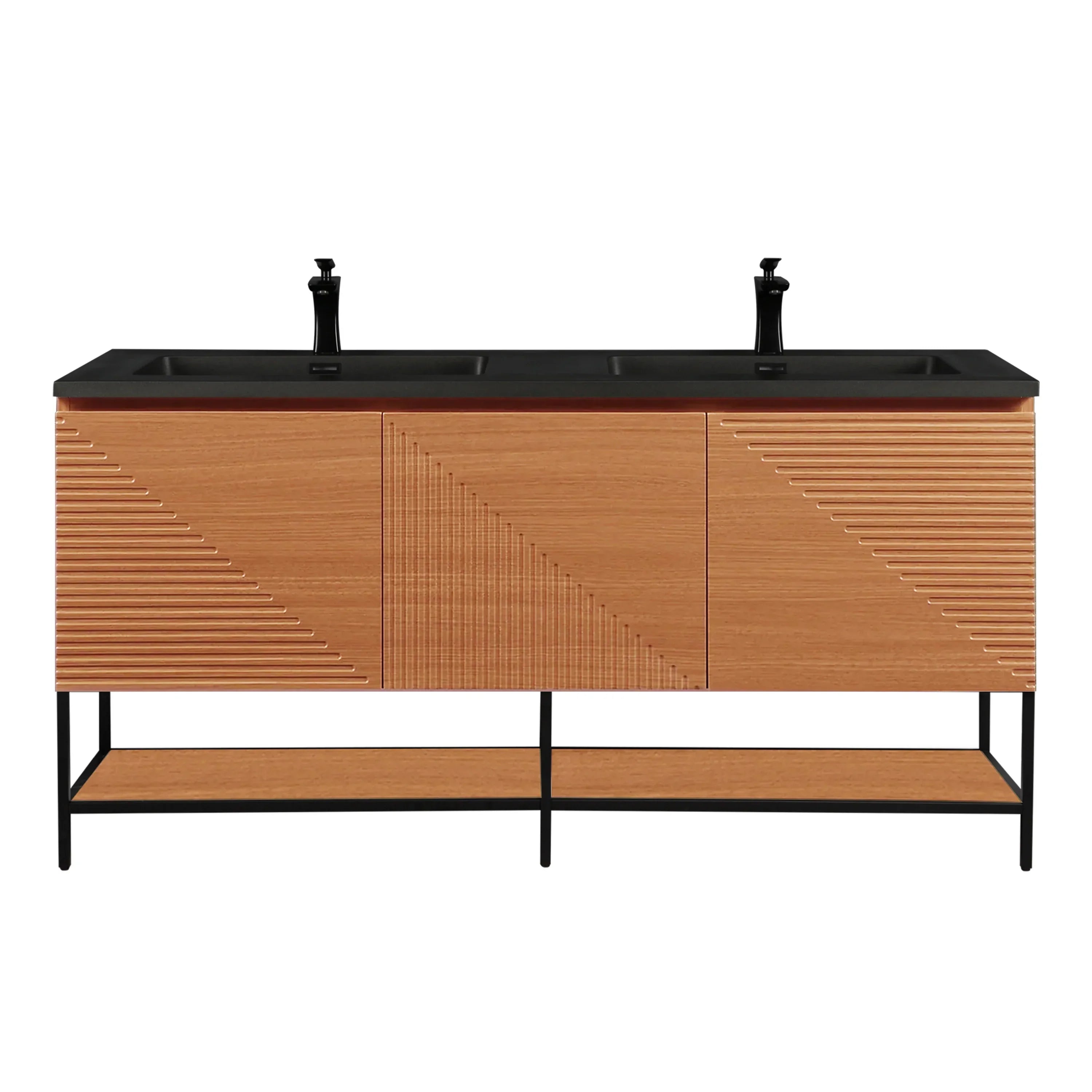 60" Light Oak Wall-Mounted Double Sink Bathroom Vanity with Black Engineered Quartz Countertop