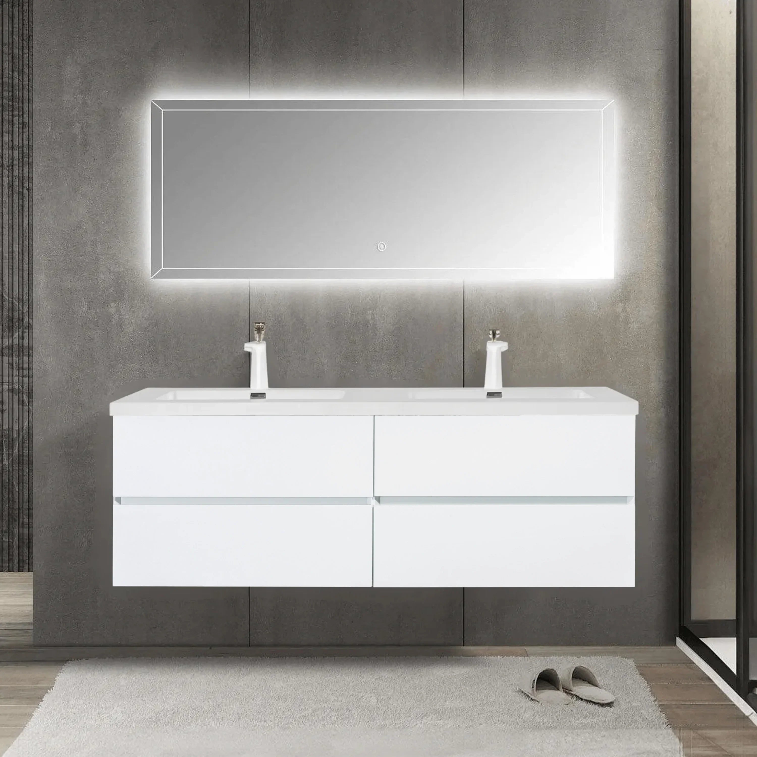 60" White Wall Mount Double Sink Bathroom Vanity with White Polymarble Countertop