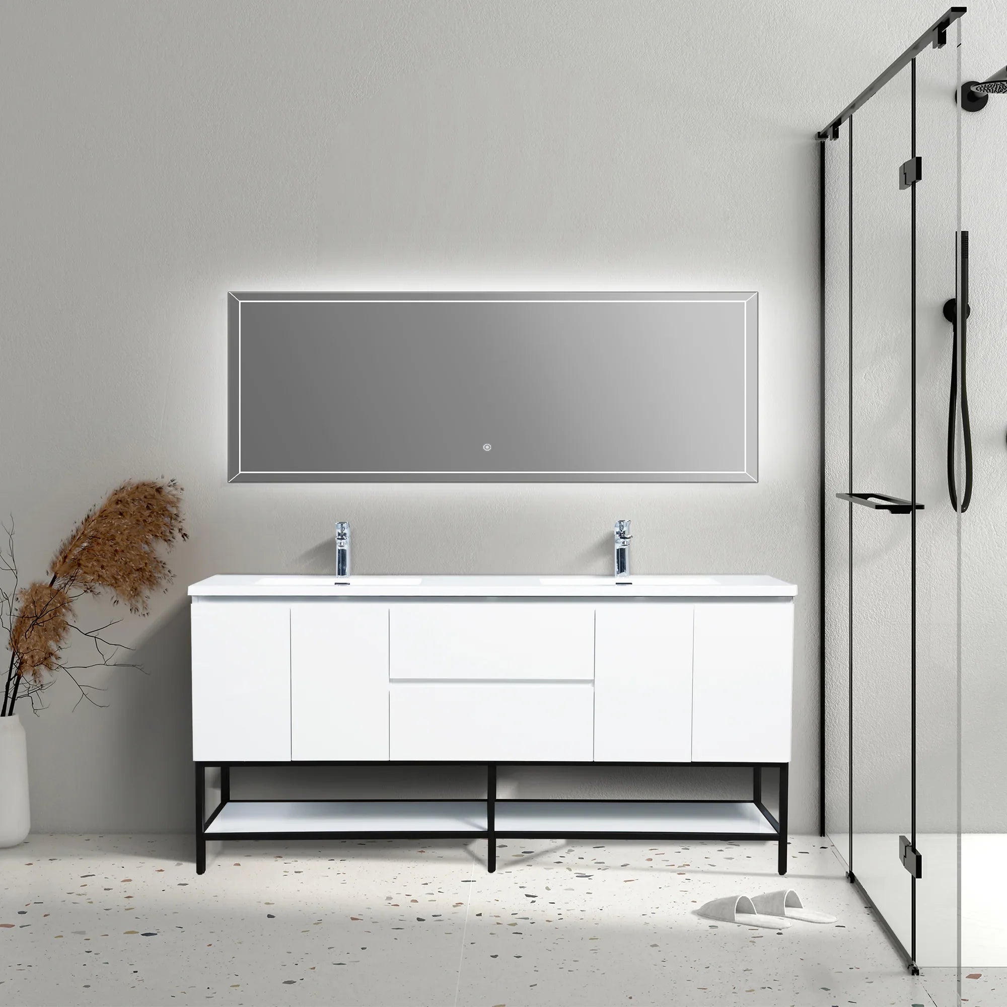 72" White Wall Mount Double Sink Bathroom Vanity with White Polymarble Countertop