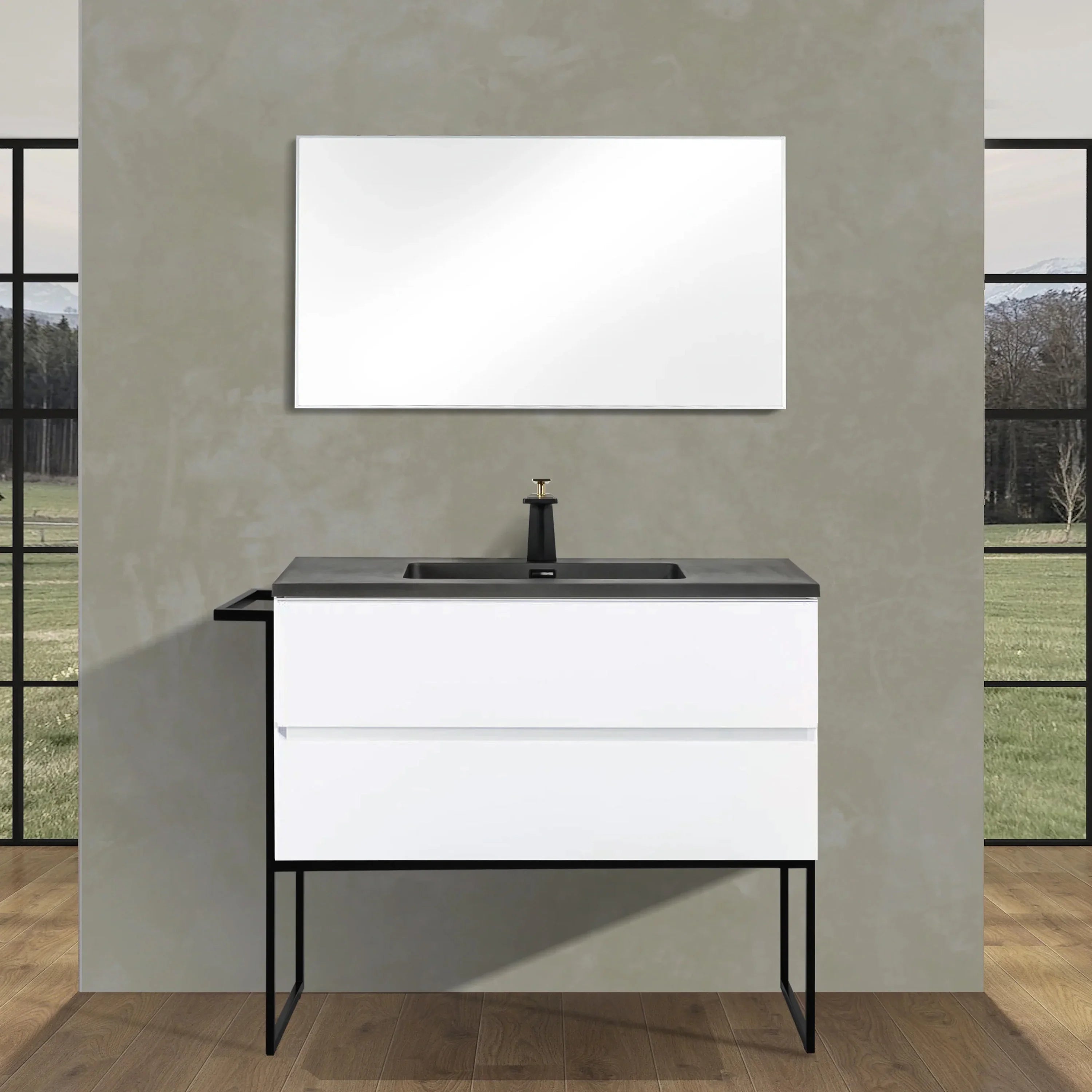 40" White Wall-Mounted Single Sink Bathroom Vanity with Black Engineered Quartz Countertop