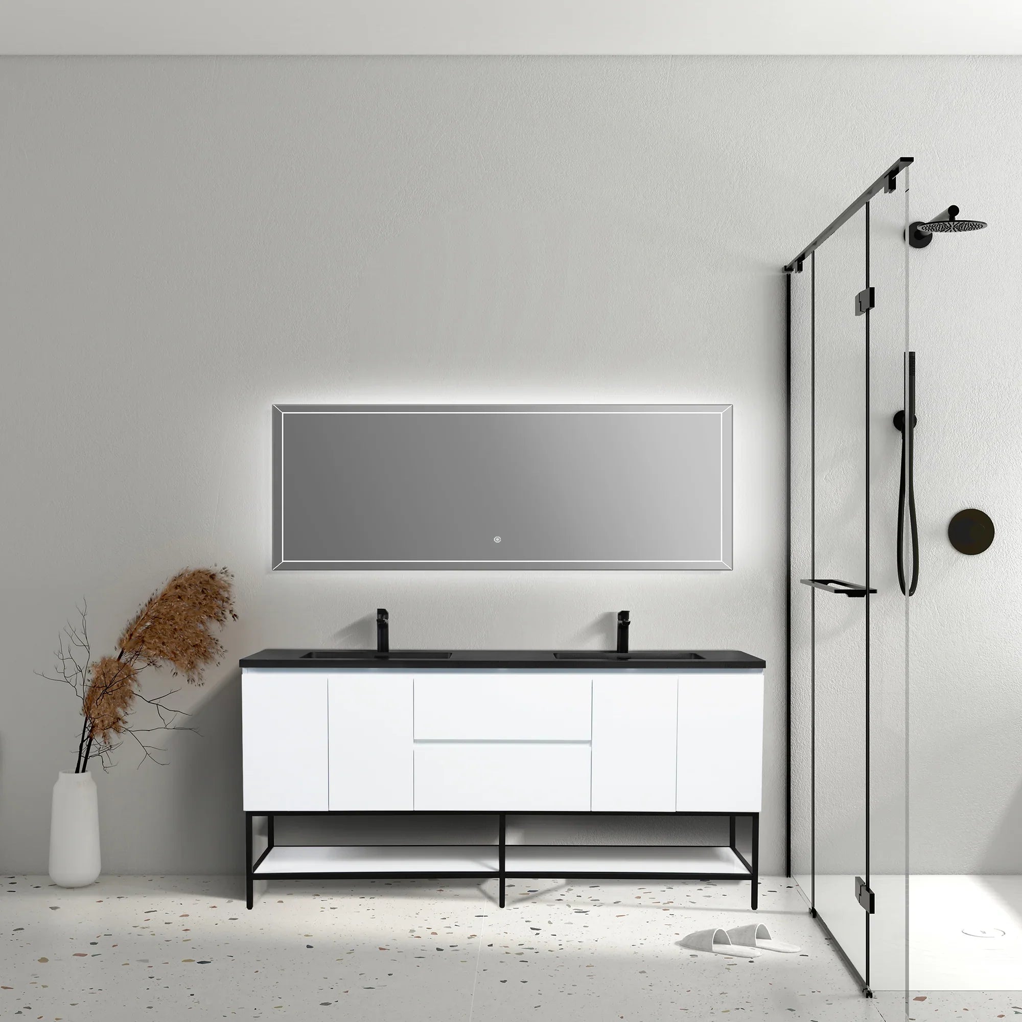 Meuble-Lavabo Mural 72po Blanc avec Comptoir de Quartz d'ingénierie Noir