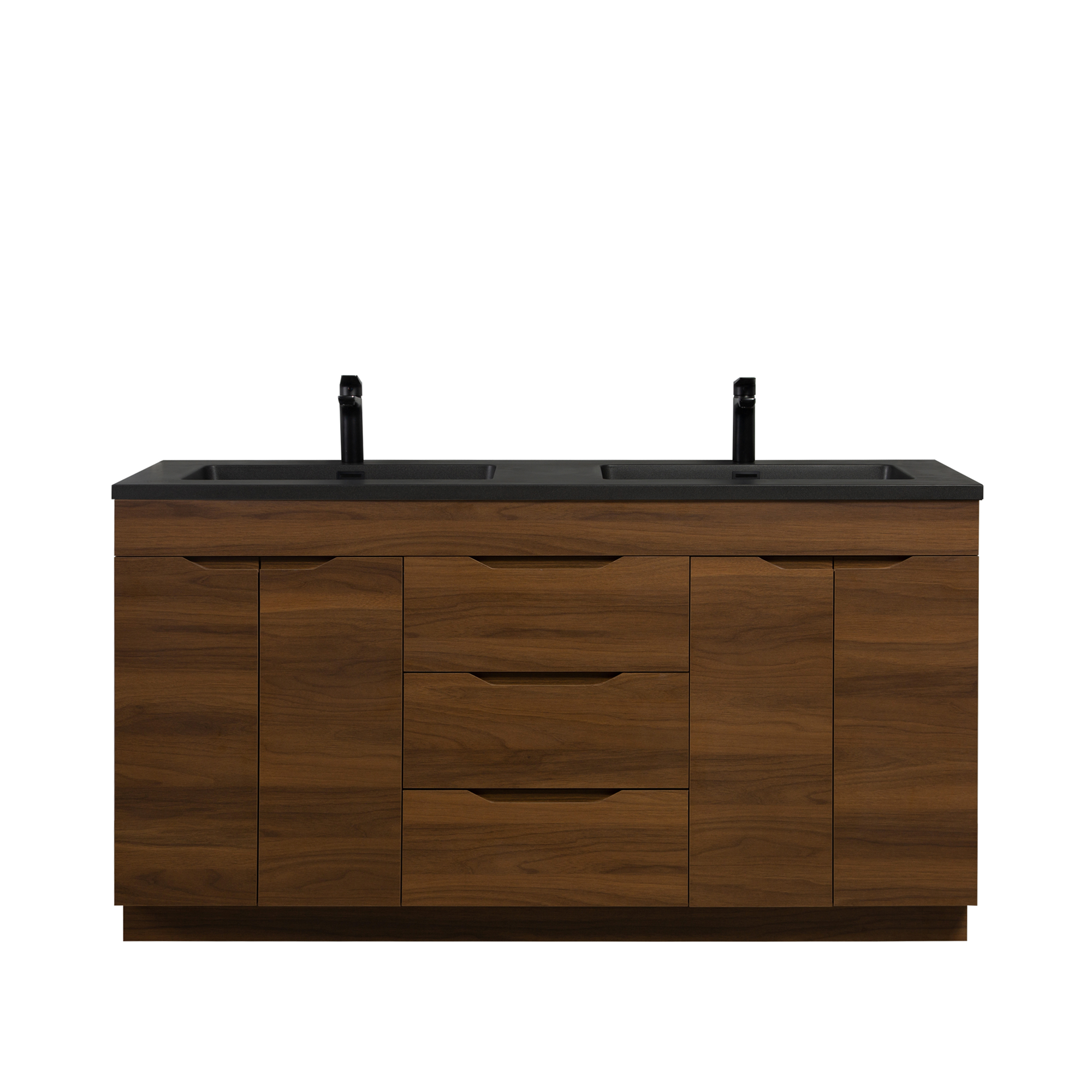 60" Walnut Freestanding Double Sink Vanity with Black Engineered Quartz Countertop