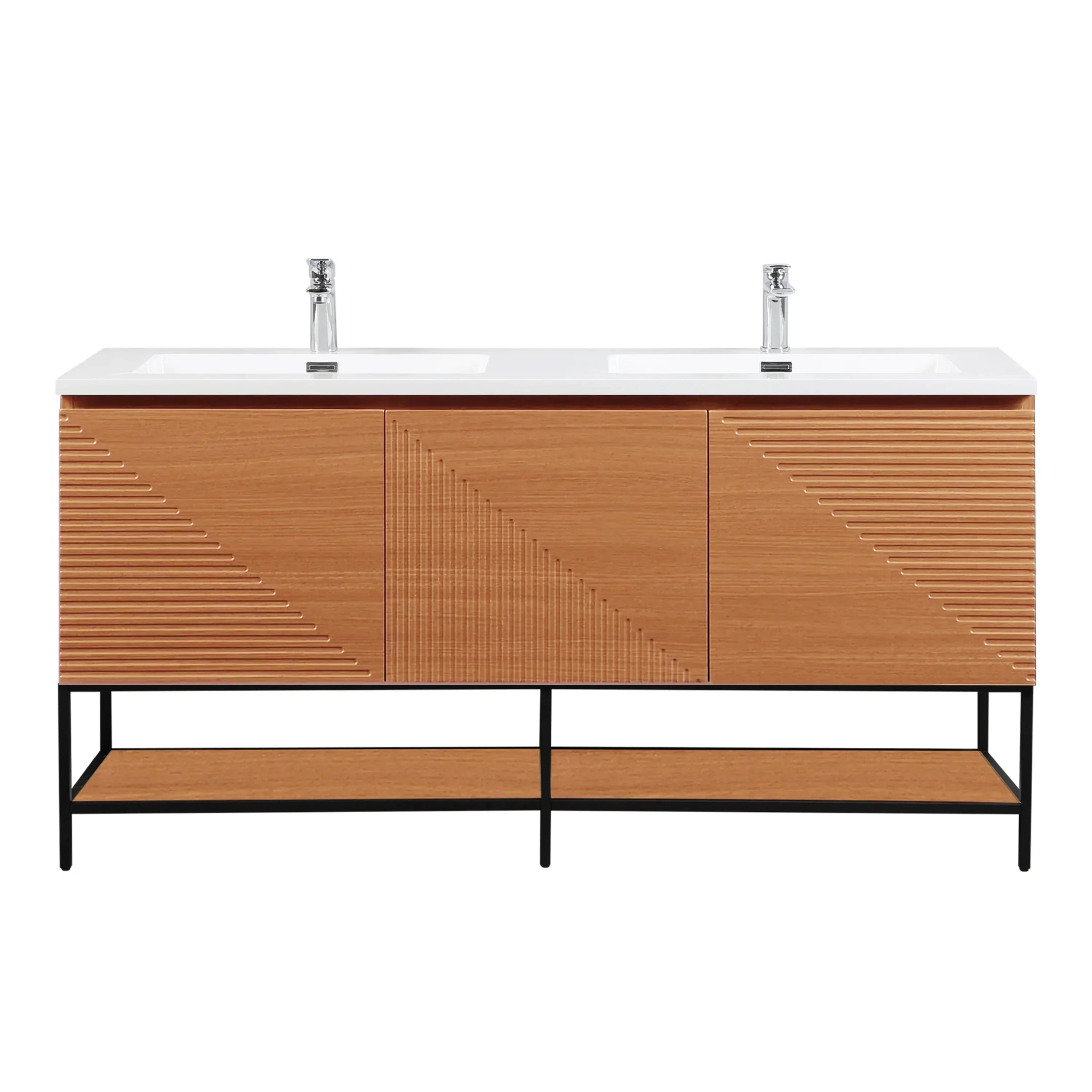 60" Light Oak Wall-Mounted Double Sink Bathroom Vanity with White Polymarble Countertop