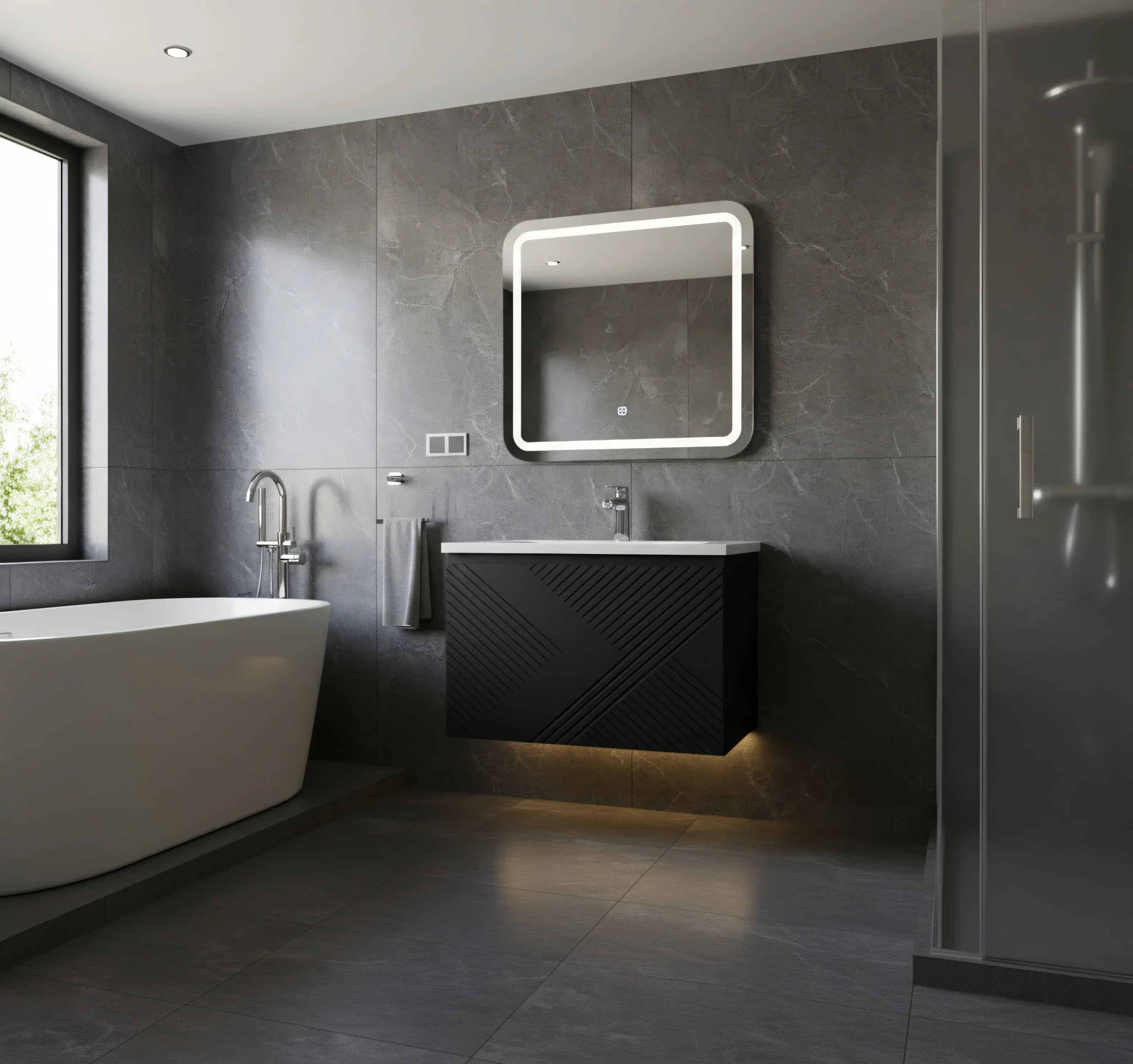 Meuble-Lavabo Mural 36po Noir avec Comptoir en Polymarbre Blanc