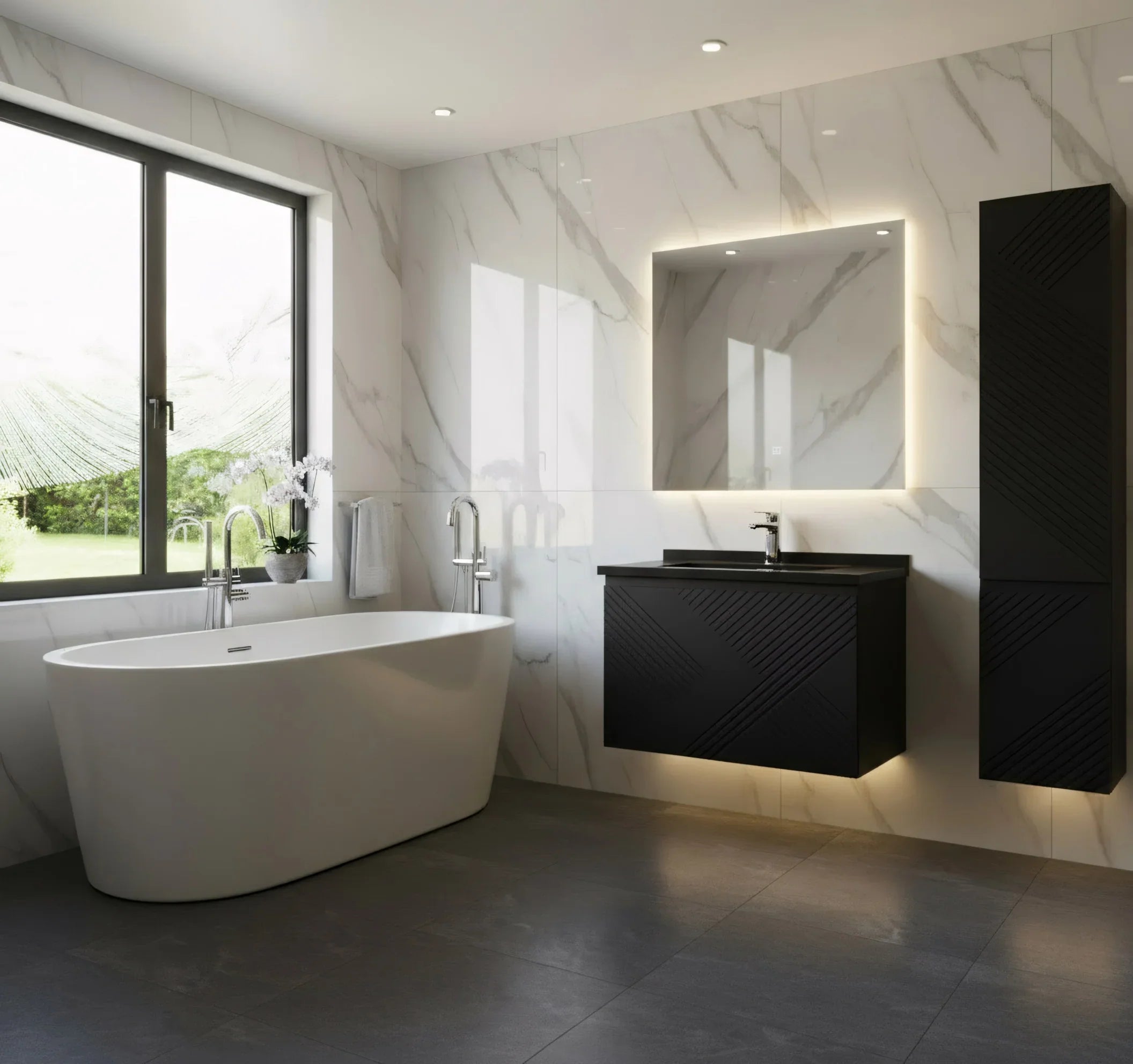 Meuble-lavabo mural noir 36" avec Comptoir en quartz noir conçu Roxboro