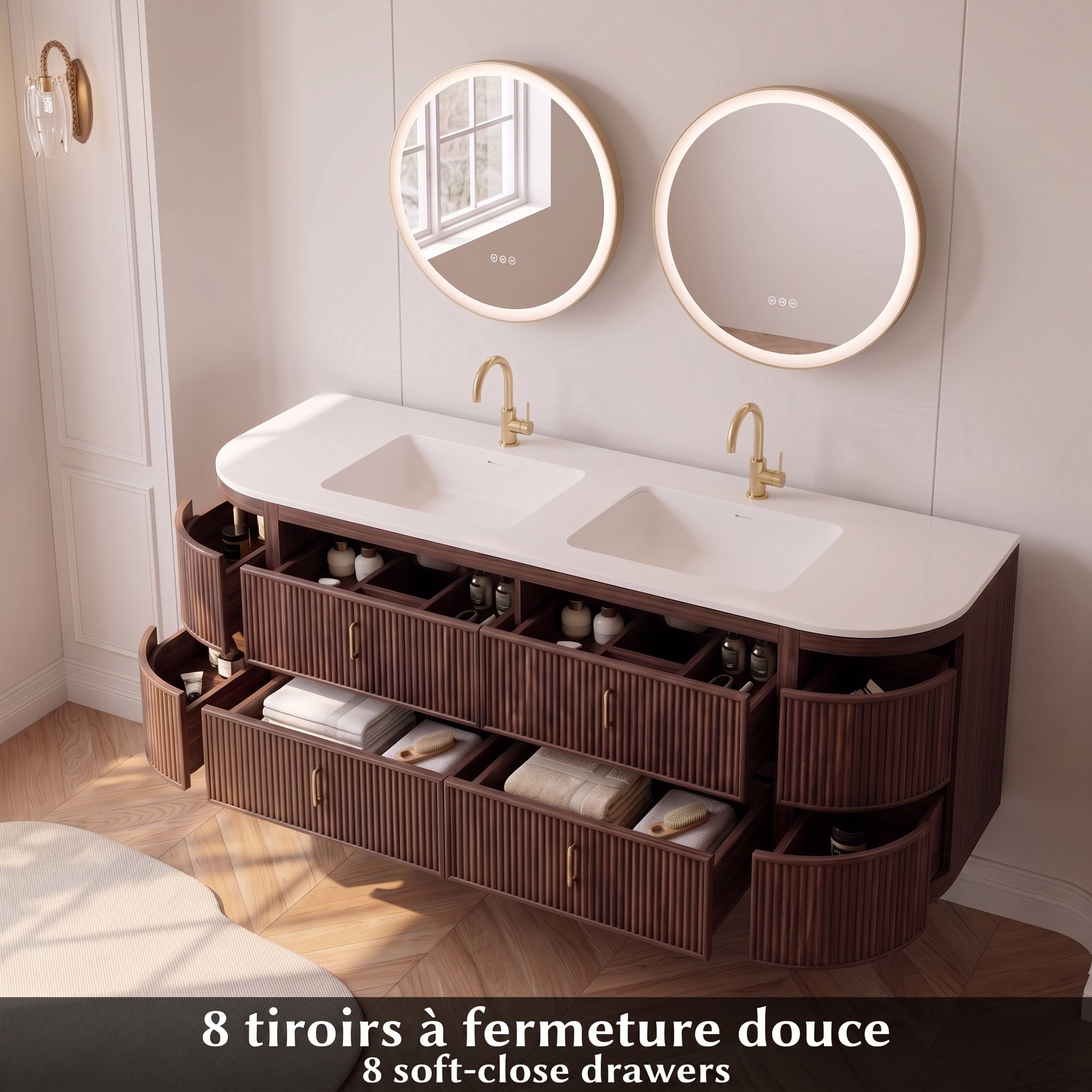 72" Walnut Curved Fluted Bathroom Vanity - Matte White Countertop
