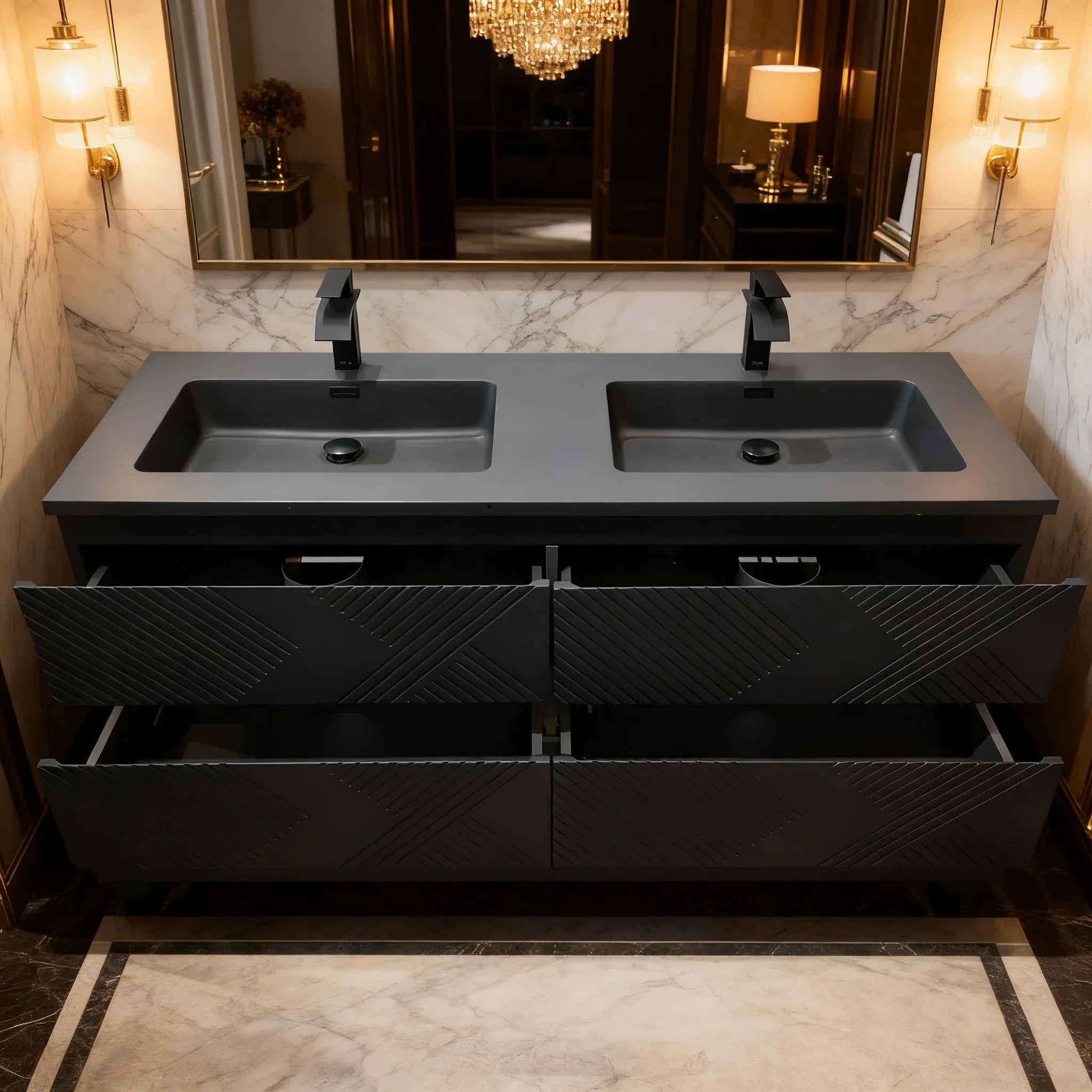 Meuble-lavabo mural noir 60" avec Comptoir en quartz technique noir