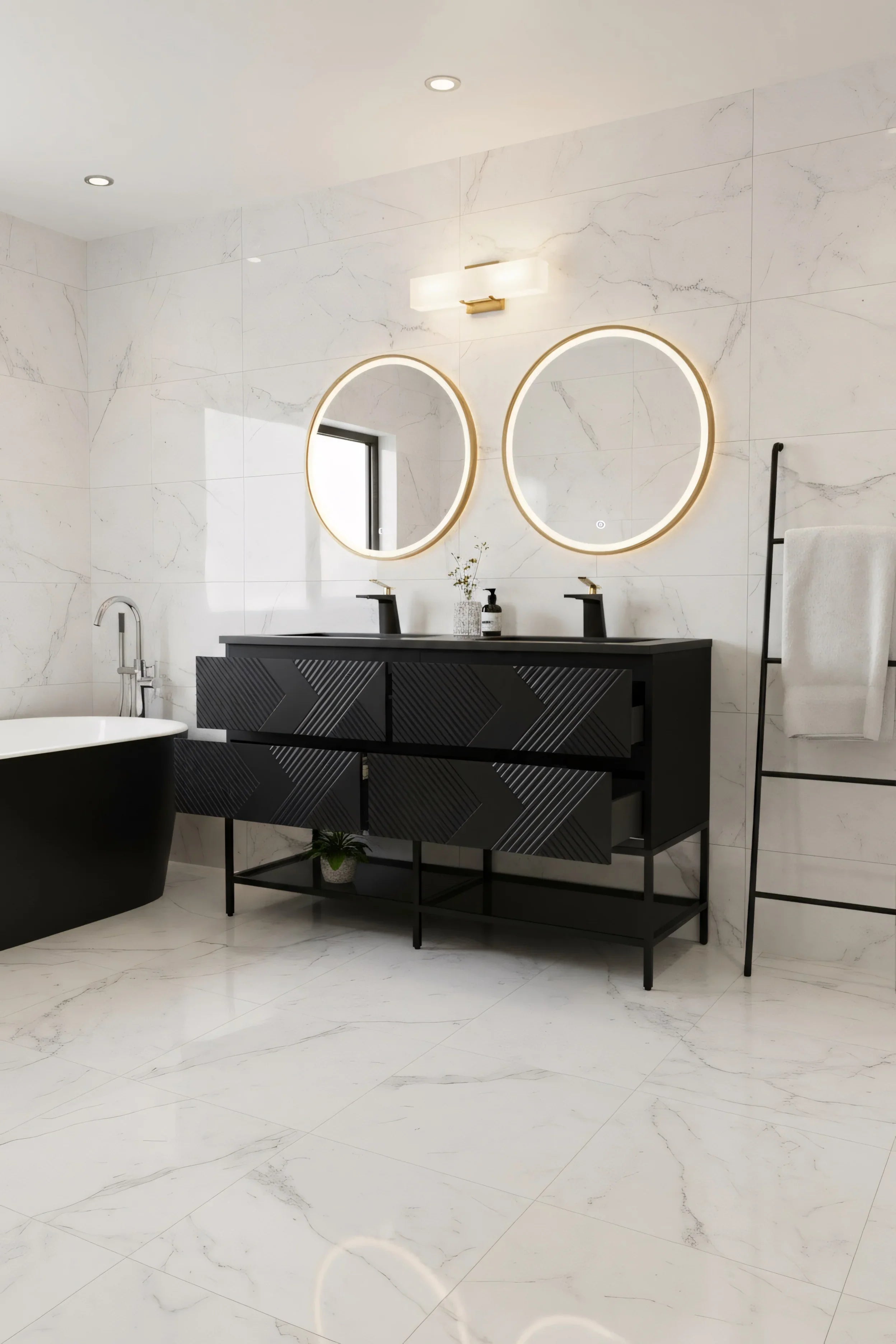 Meuble-lavabo mural noir 60" avec Comptoir en quartz technique noir