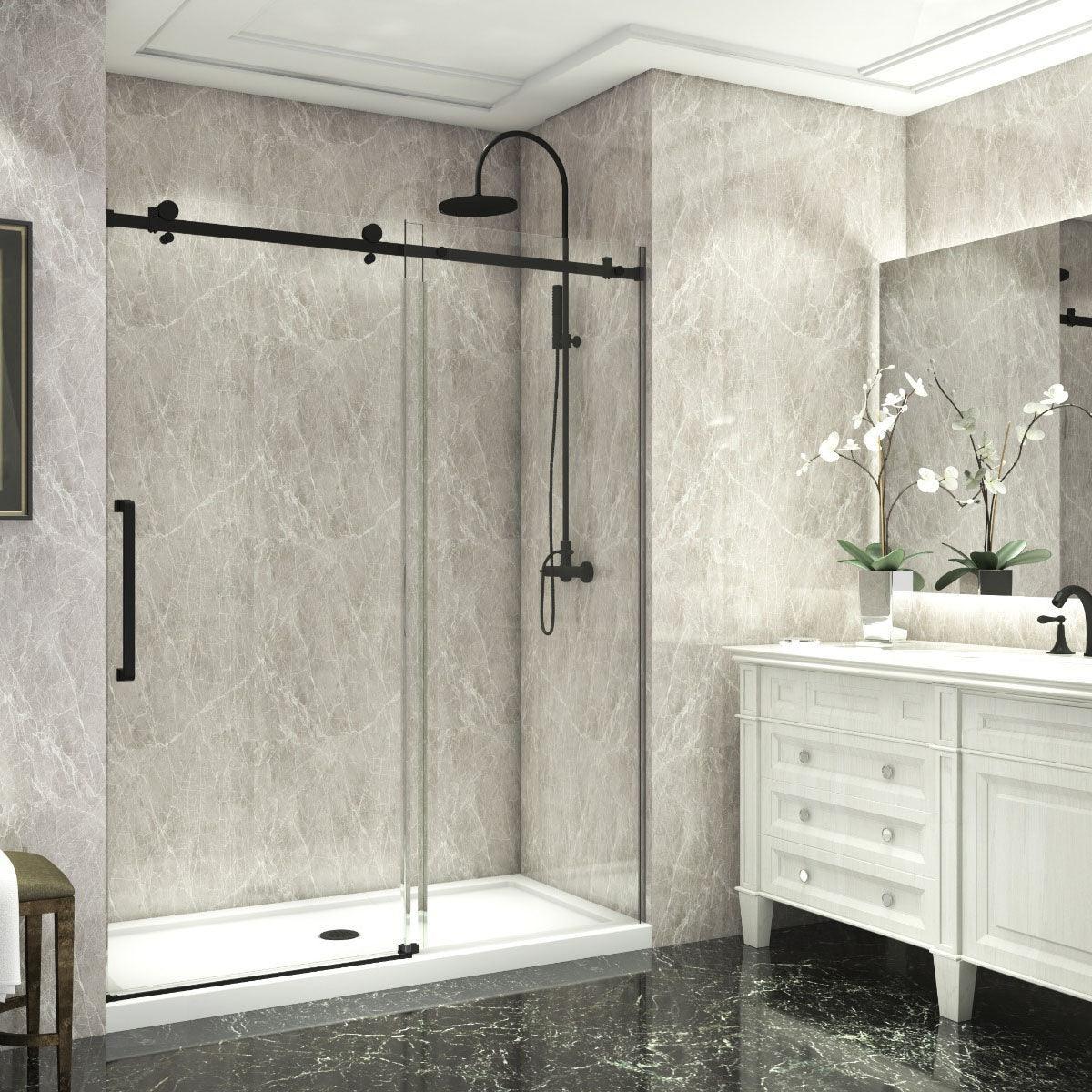 60"W x 75"H x 10mm Alcove Reversible Sliding Shower Door with Square Design Hardware in Black - Golden Elite Deco