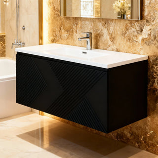 Meuble-lavabo mural noir 40" pour salle de bain avec Comptoir en polymarbre blanc Roxboro