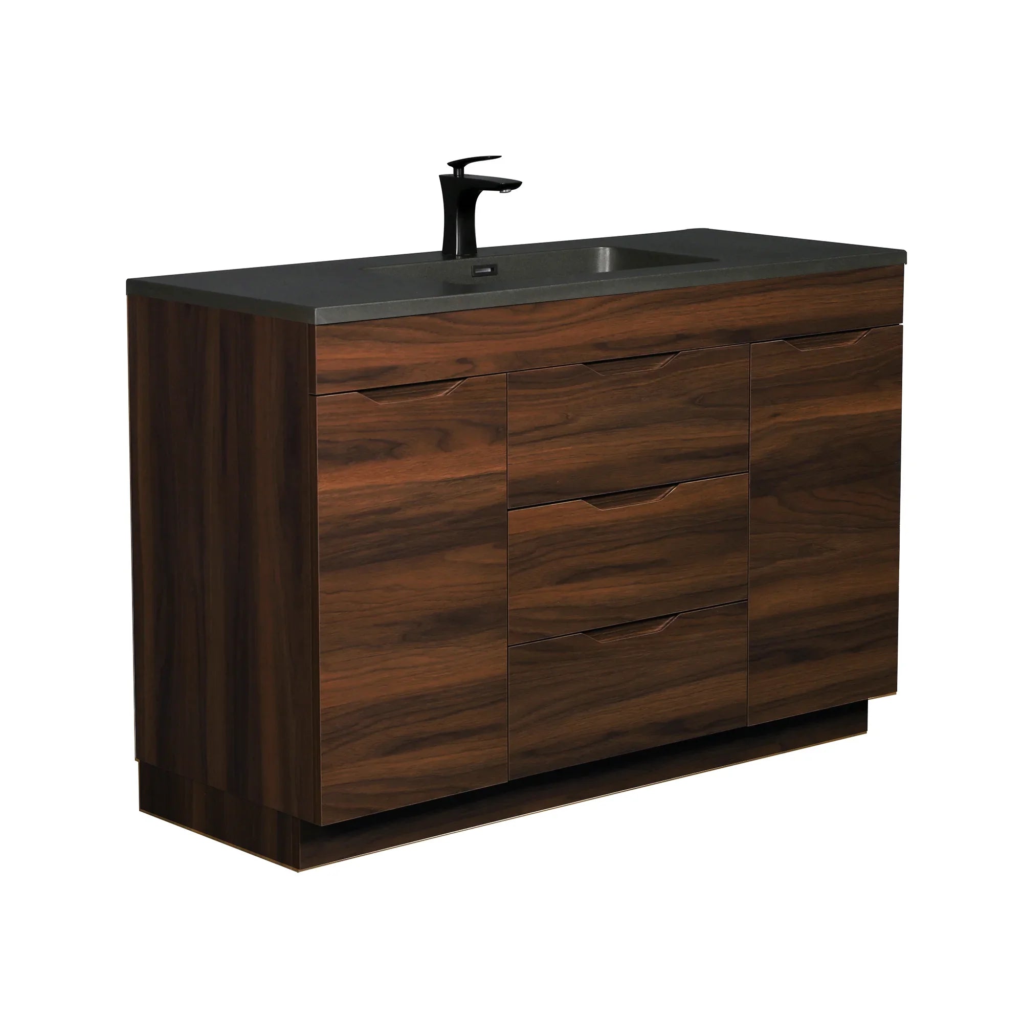 48" Walnut Freestanding Bathroom Vanity with Black Engineered Quartz Countertop