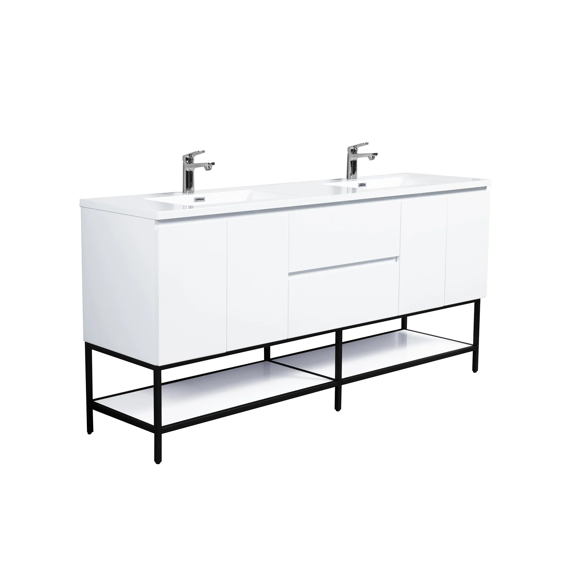 72" White Wall Mount Double Sink Bathroom Vanity with White Polymarble Countertop
